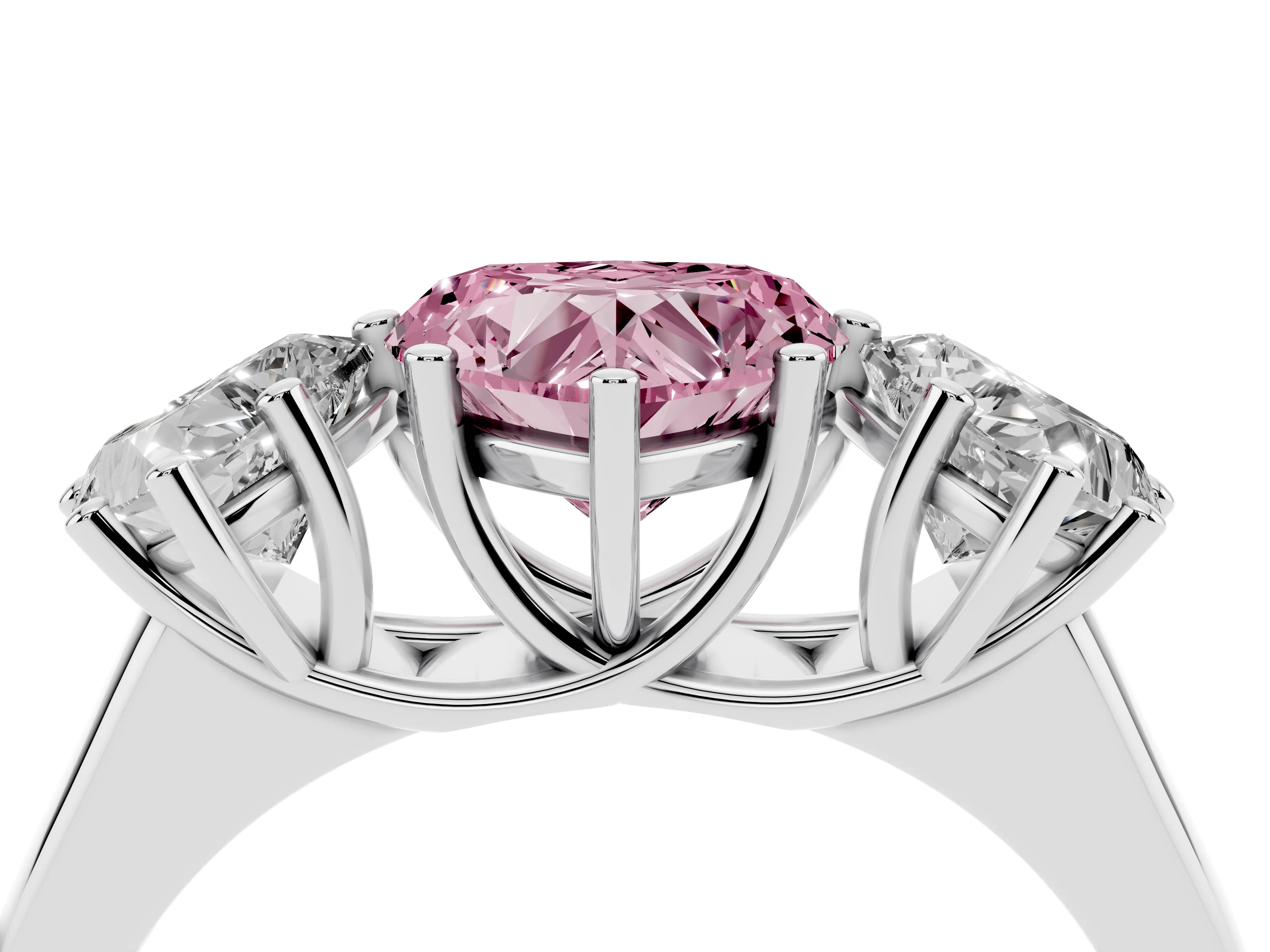 Fancy Pink Heart Cut Diamond Three-Stone Ring Set in Silver with Plain Polished Band