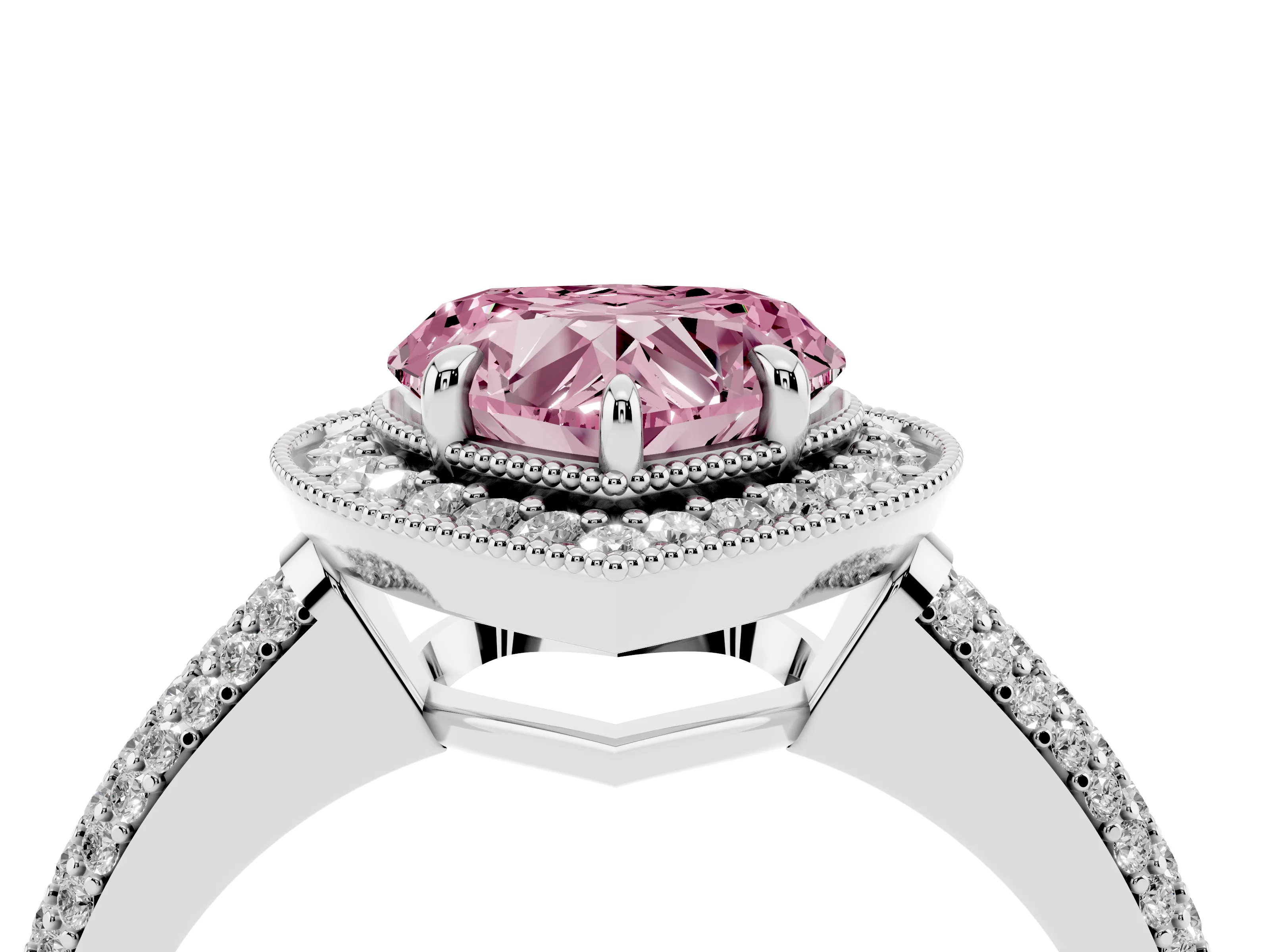 Fancy Pink Heart Cut Diamond Halo Pavé Band Set in Silver with Prong Setting