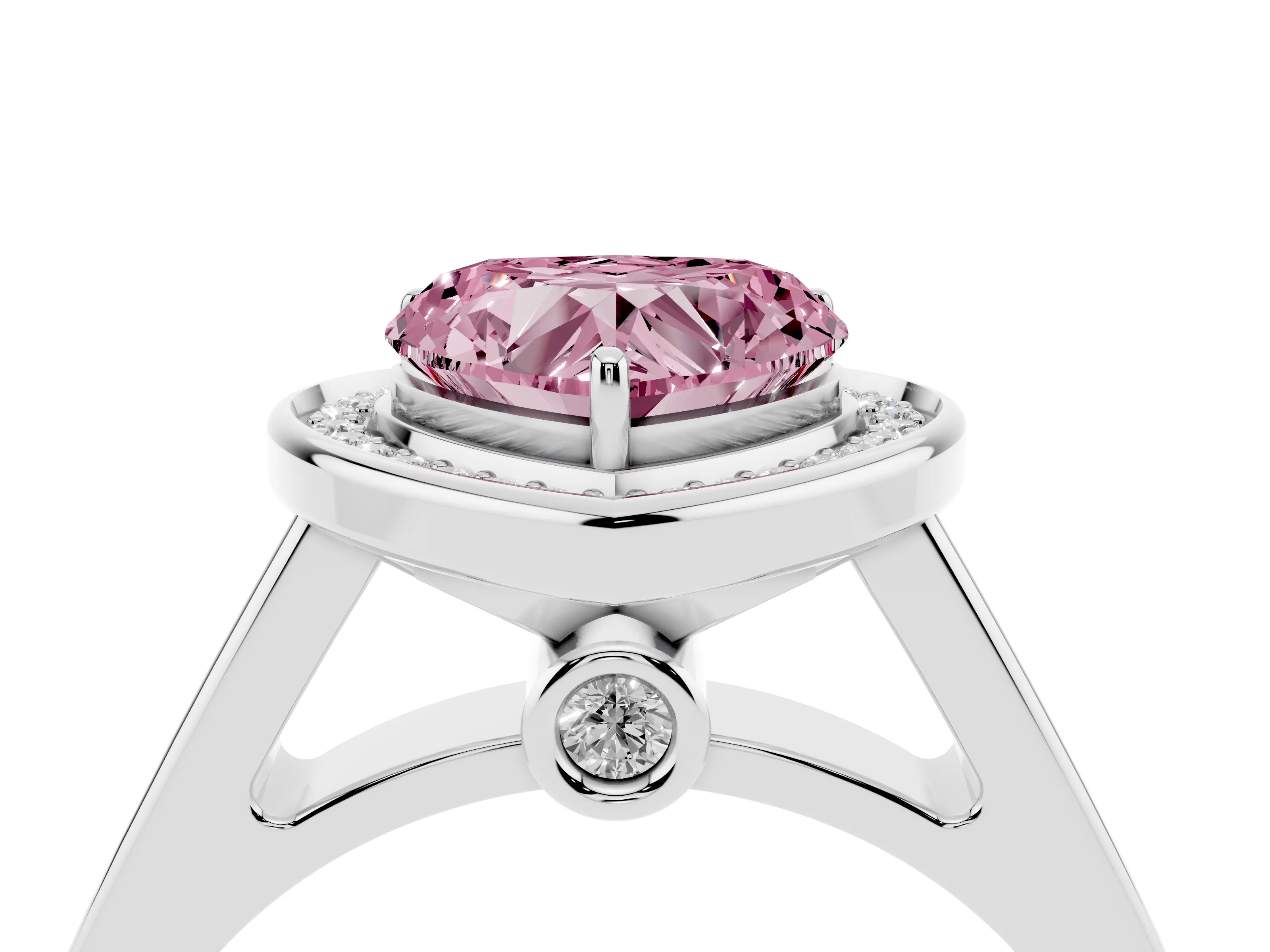 Fancy Pink Heart Cut Diamond Halo Solitaire Ring Set in Silver with Pavé Band and Bezel Setting