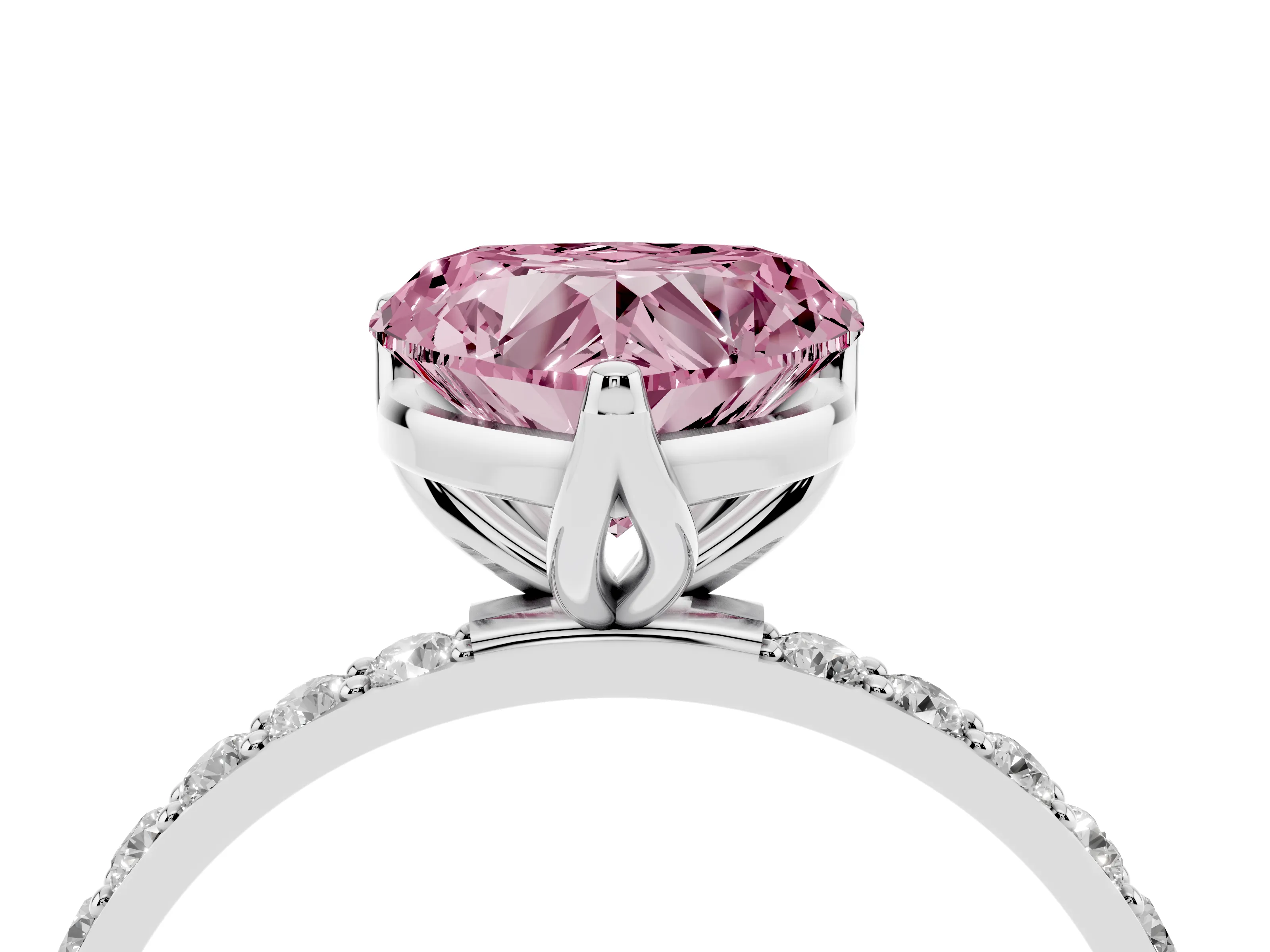 Fancy Pink Heart Cut Diamond Solitaire Engagement Ring Set in Platinum with Round Pavé Band and Prong Setting