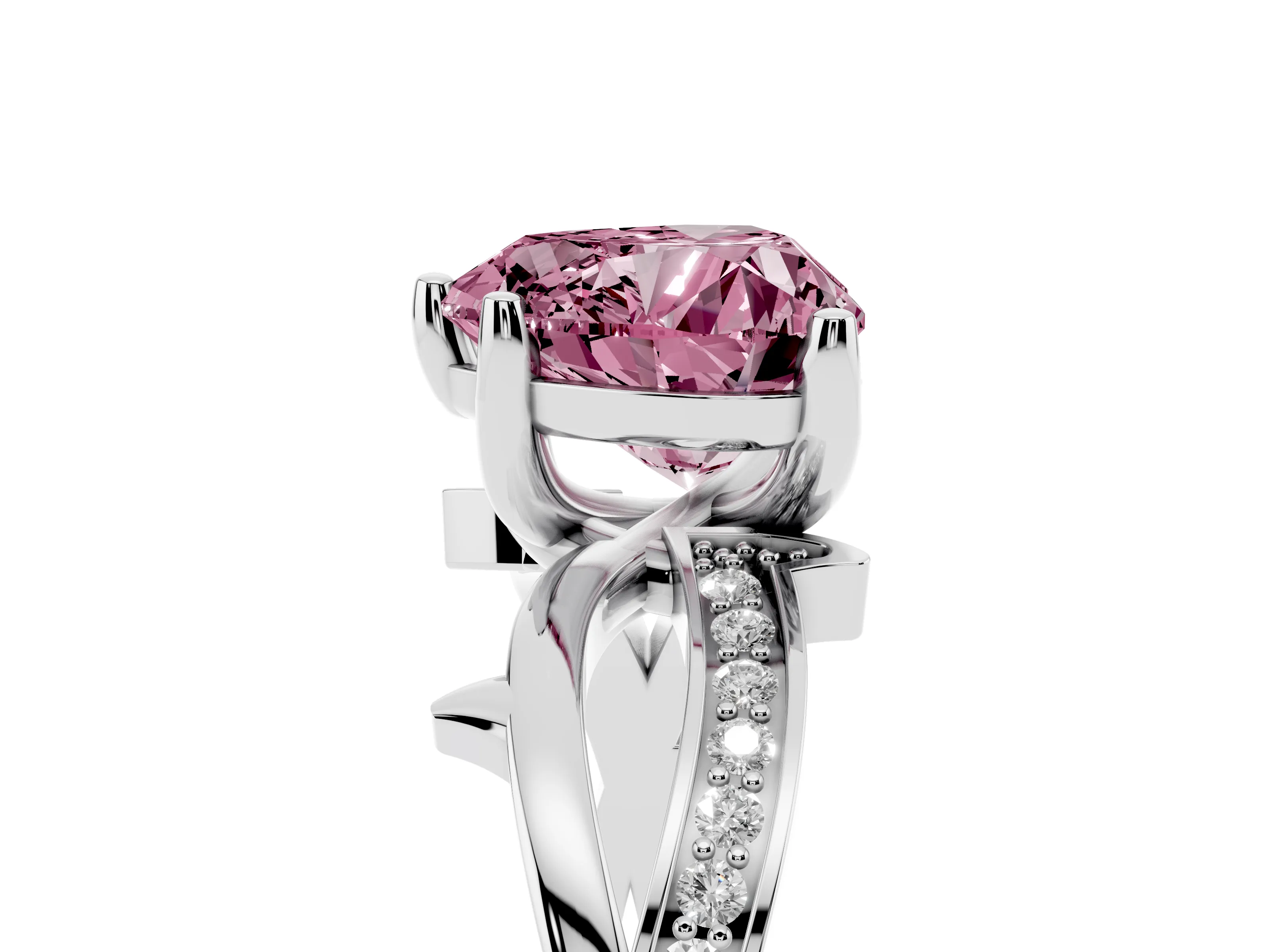 Fancy Pink Heart Cut Diamond Pavé Twist Band Solitaire Ring Set in White gold with Prong Setting