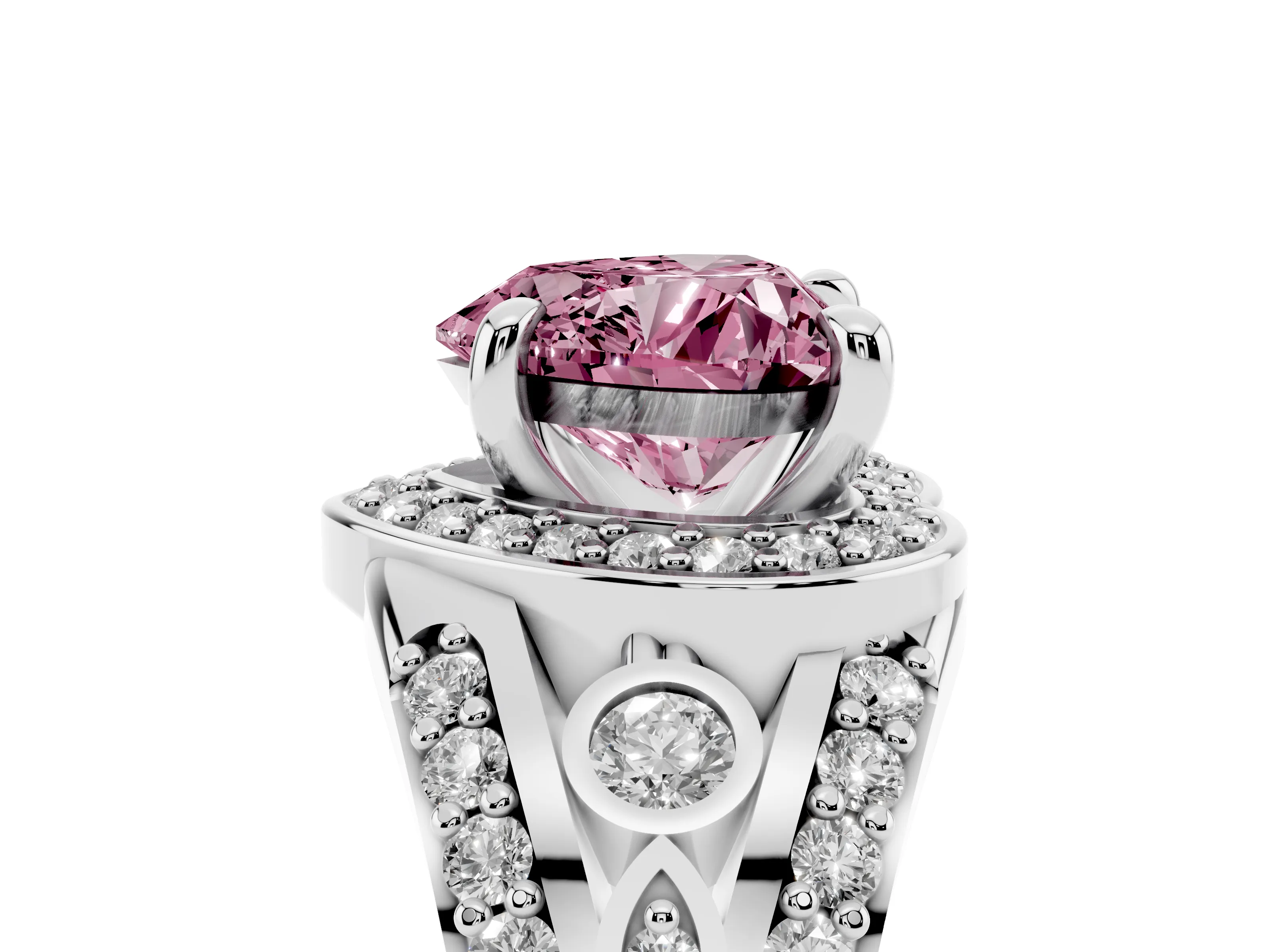 Fancy Pink Heart Cut Diamond Halo Ring Set in Silver with Pavé Split Shank and Bezel Accents