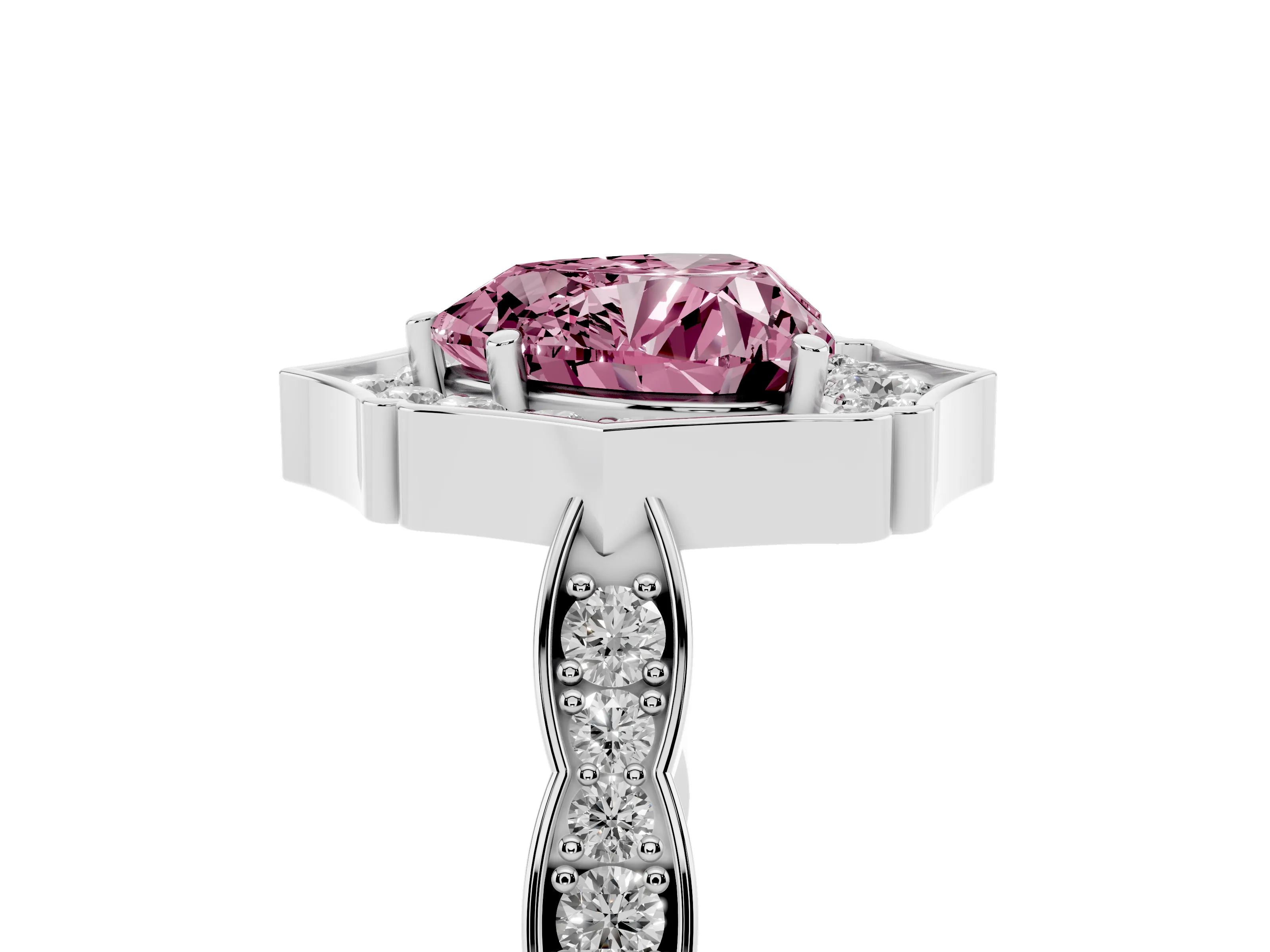 Fancy Pink Heart Cut Diamond Halo Engagement Ring Set in White gold with Milgrain Band and Prong Setting
