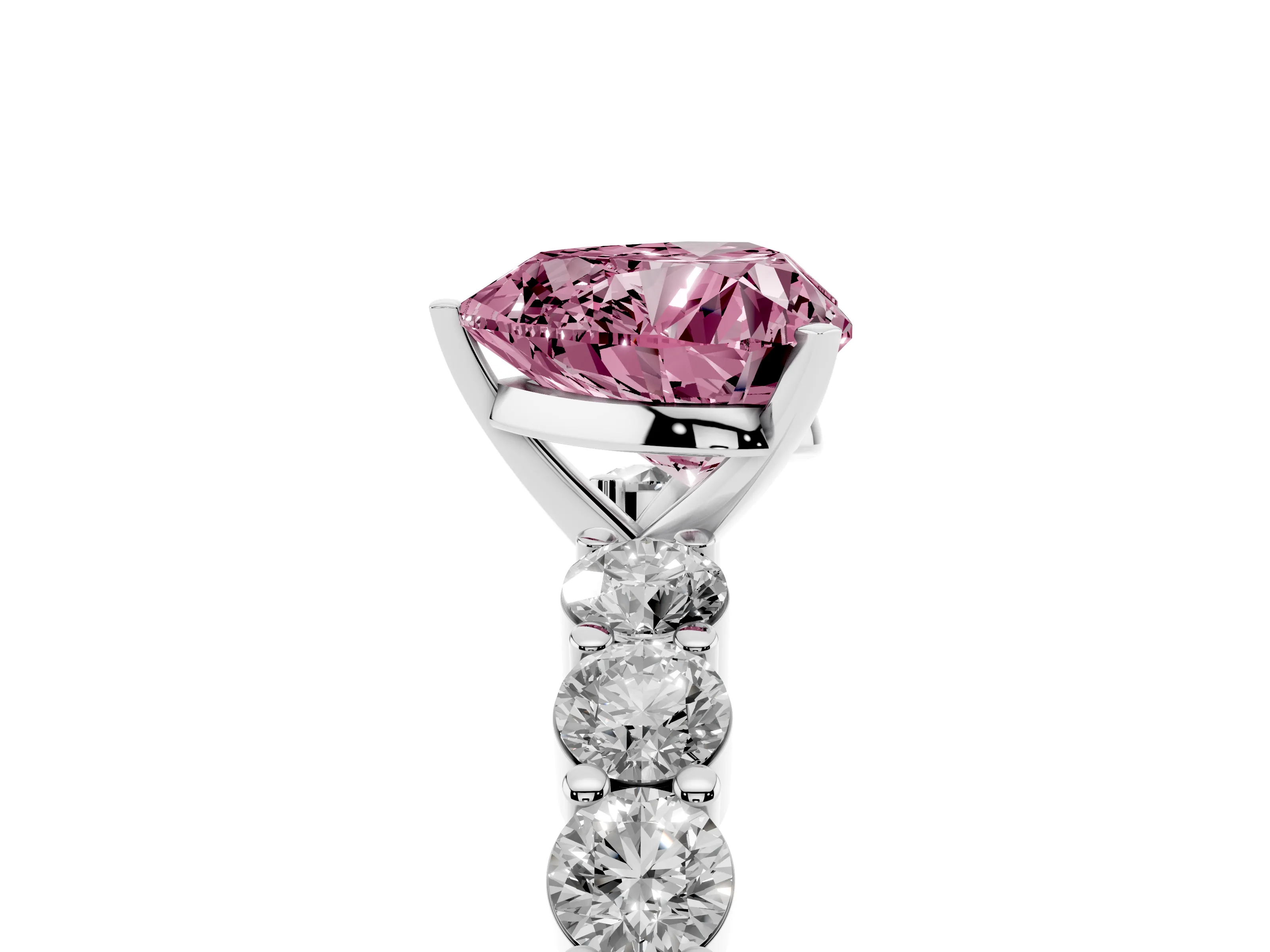 Fancy Pink Heart Cut Diamond Solitaire Ring Set in White gold with Shared Prong Round Side Stones