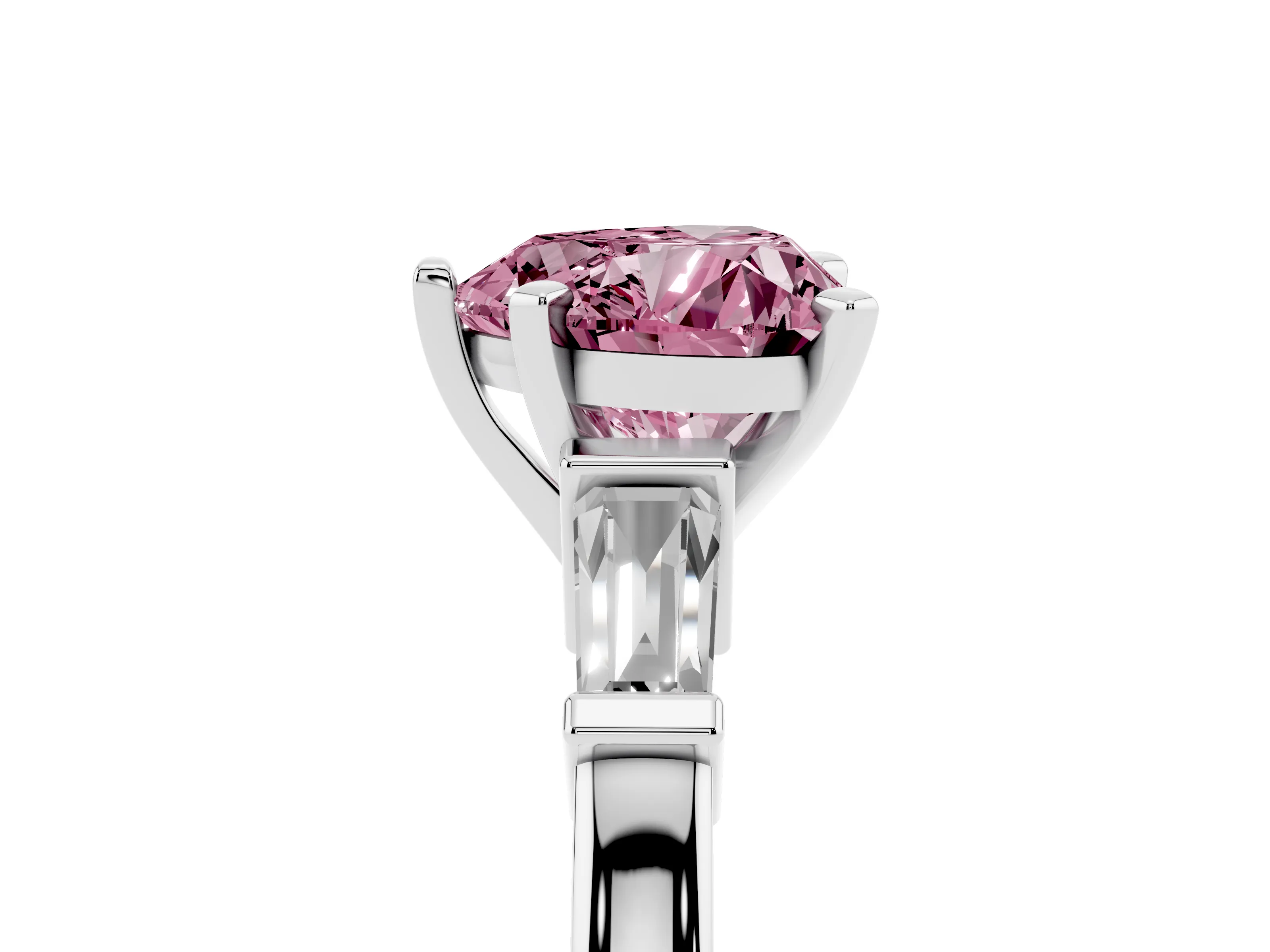 Fancy Pink Heart Cut Diamond Solitaire Ring Set in Silver with Tapered Baguette Accents and Prong Setting