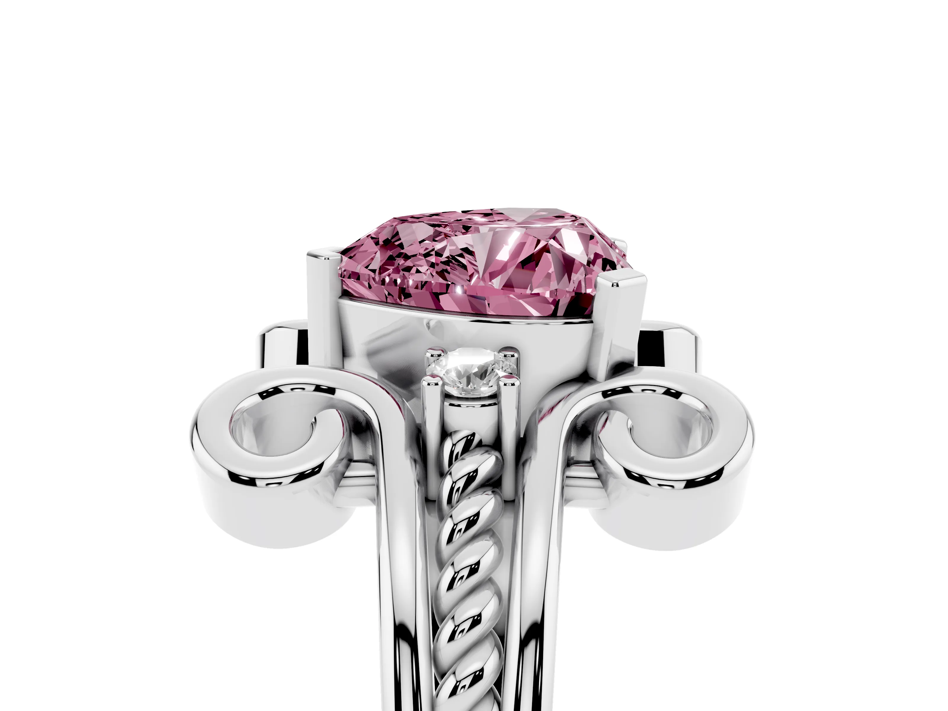 Fancy Pink Heart Cut Diamond Twisted Band Solitaire Ring Set in Platinum with Scroll Prongs