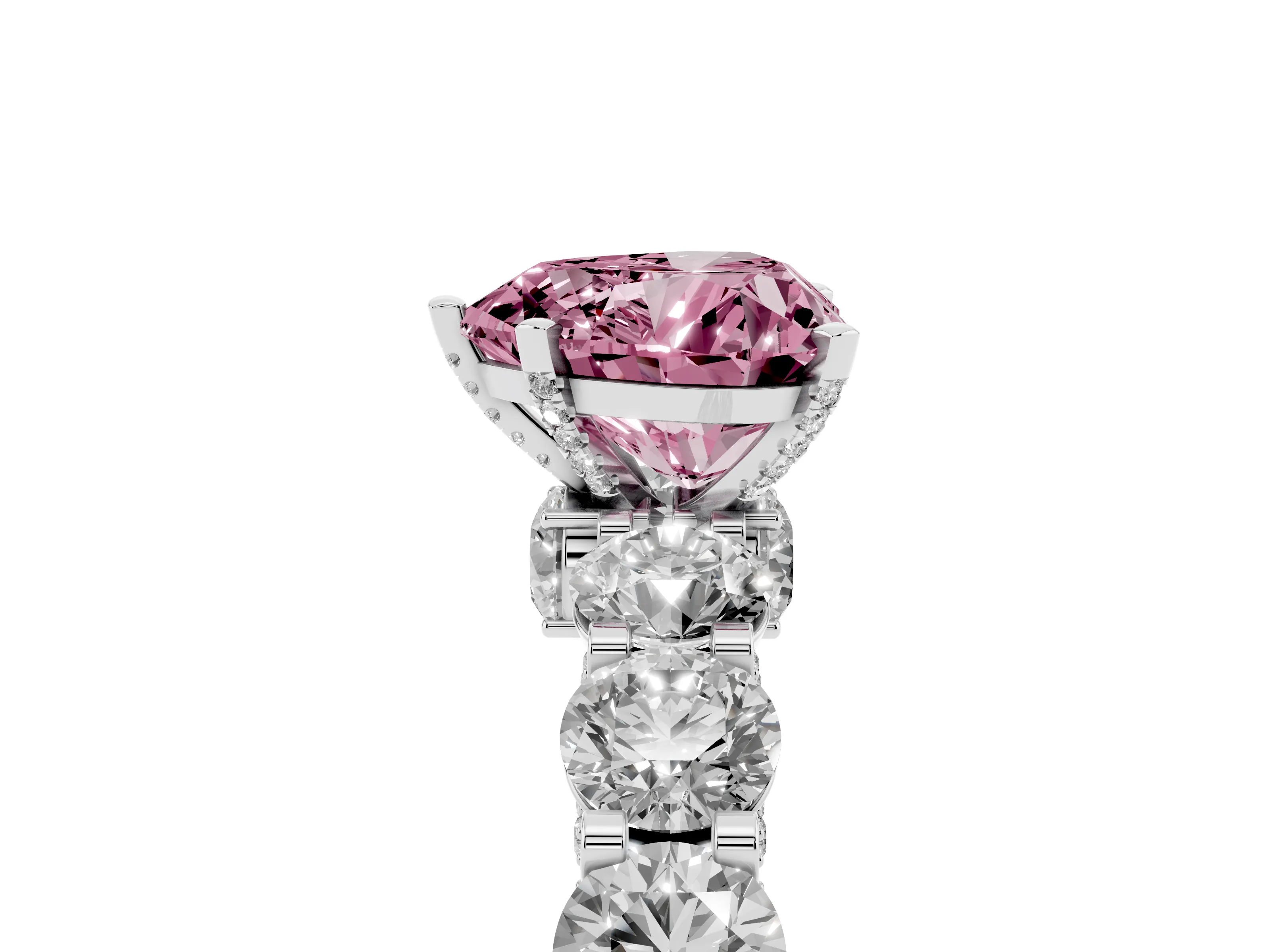 Fancy Pink Heart Cut Diamond Side Stone Ring Set in White gold with Alternating Round and Oval Side Stones