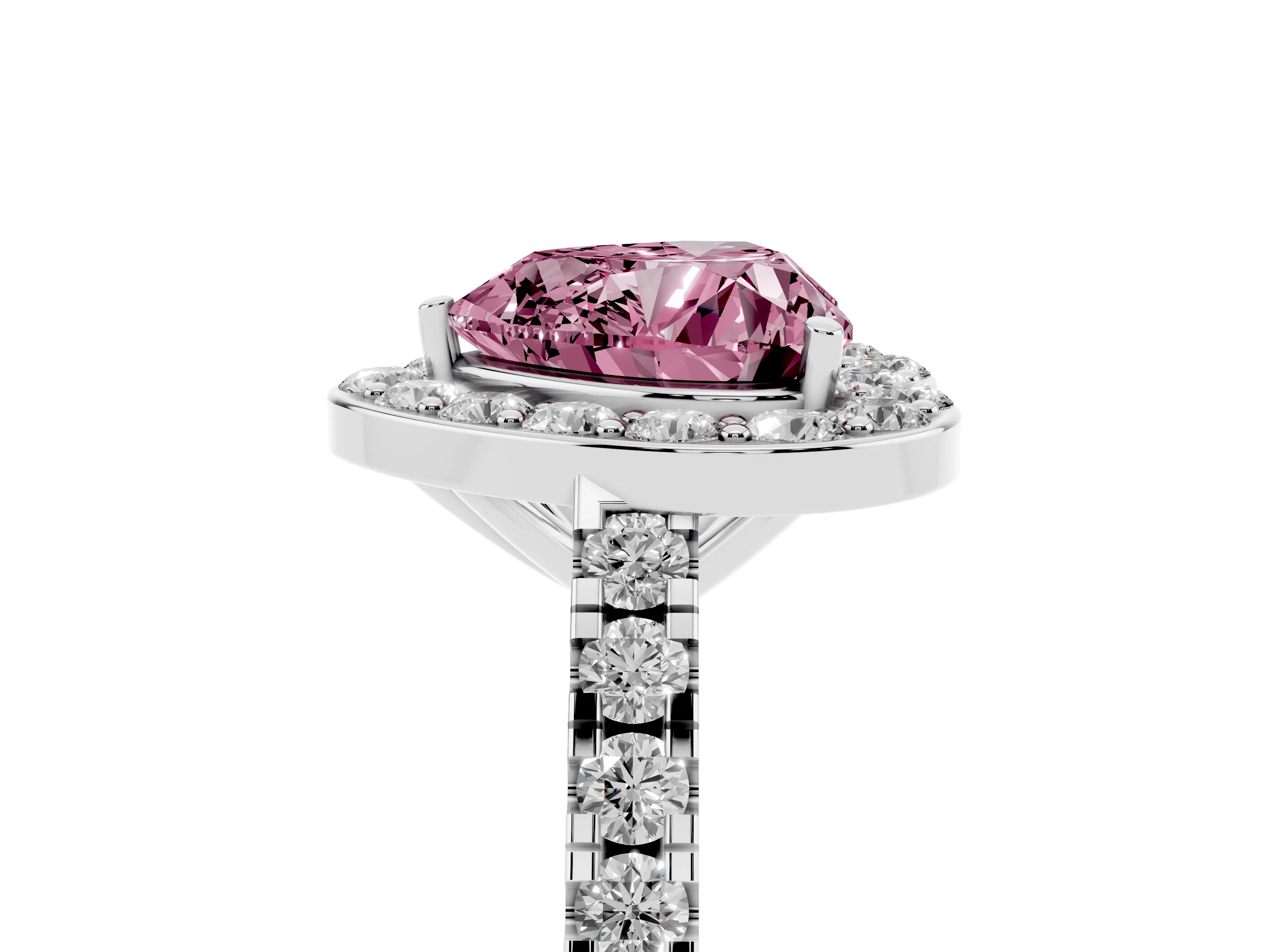Fancy Pink Heart Cut Diamond Halo Ring Set in Platinum with Round Pavé Split Shank and Prong Setting