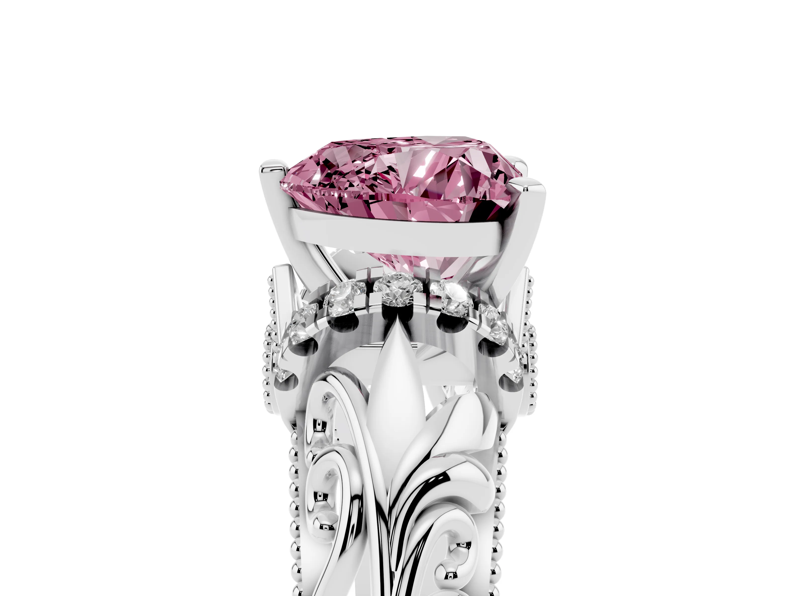 Fancy Pink Heart Cut Diamond Filigree Halo Engagement Ring Set in White gold with Prong Setting