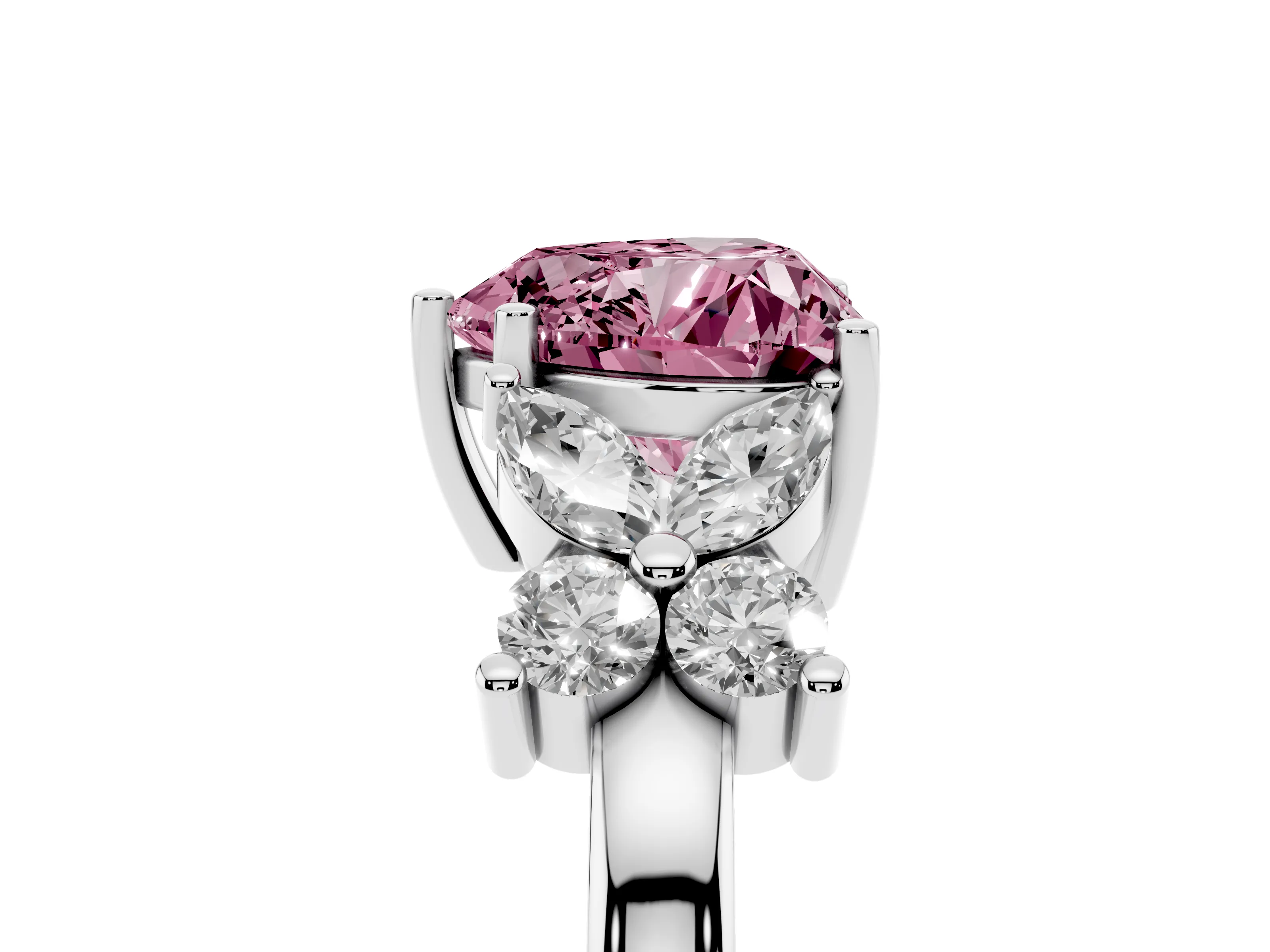 Fancy Pink Heart Cut Diamond Floral Cluster Ring Set in Platinum with Marquise Petals and Prong Setting