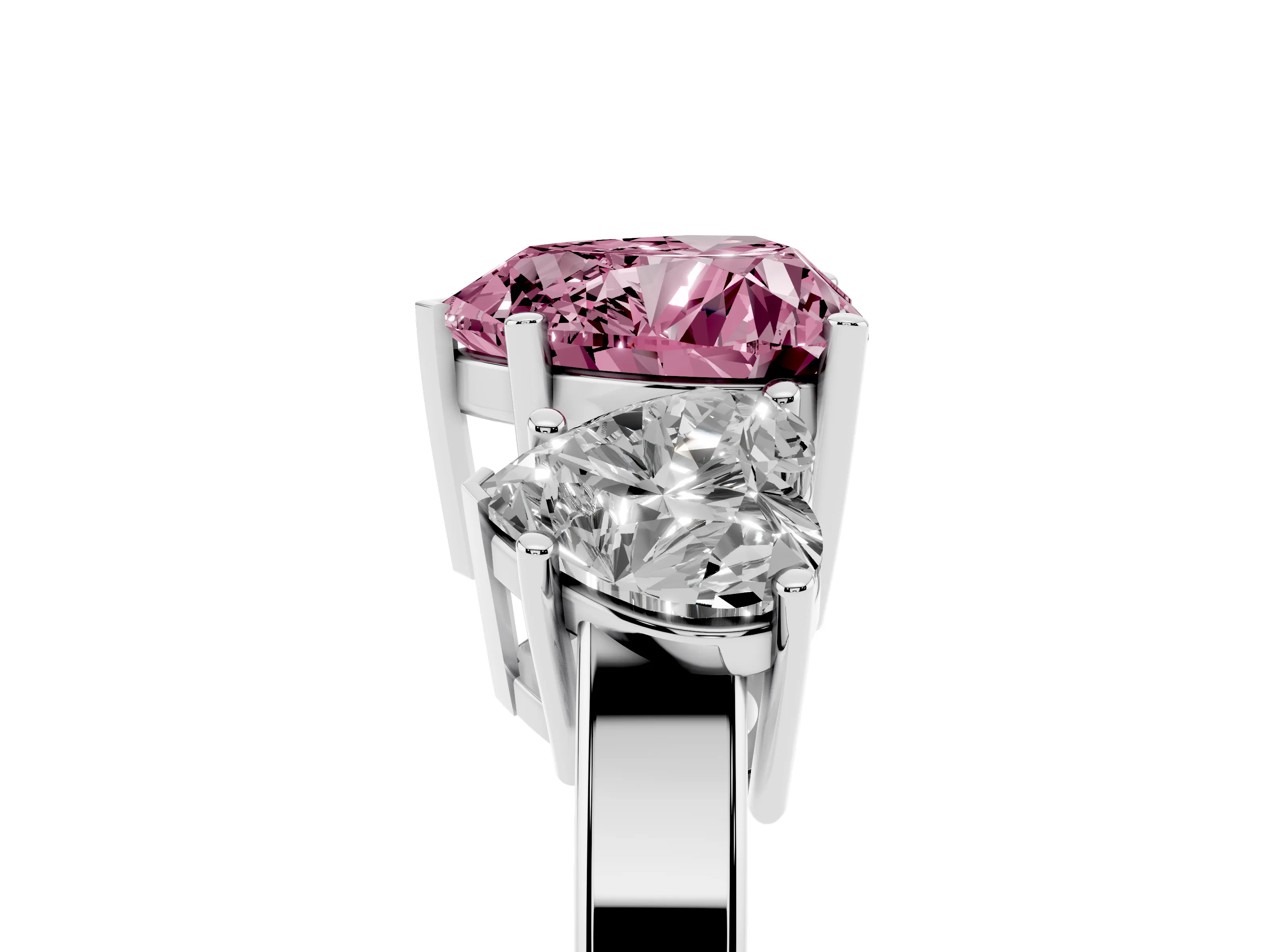 Fancy Pink Heart Cut Diamond Three-Stone Engagement Ring Set in Platinum with Flat Band