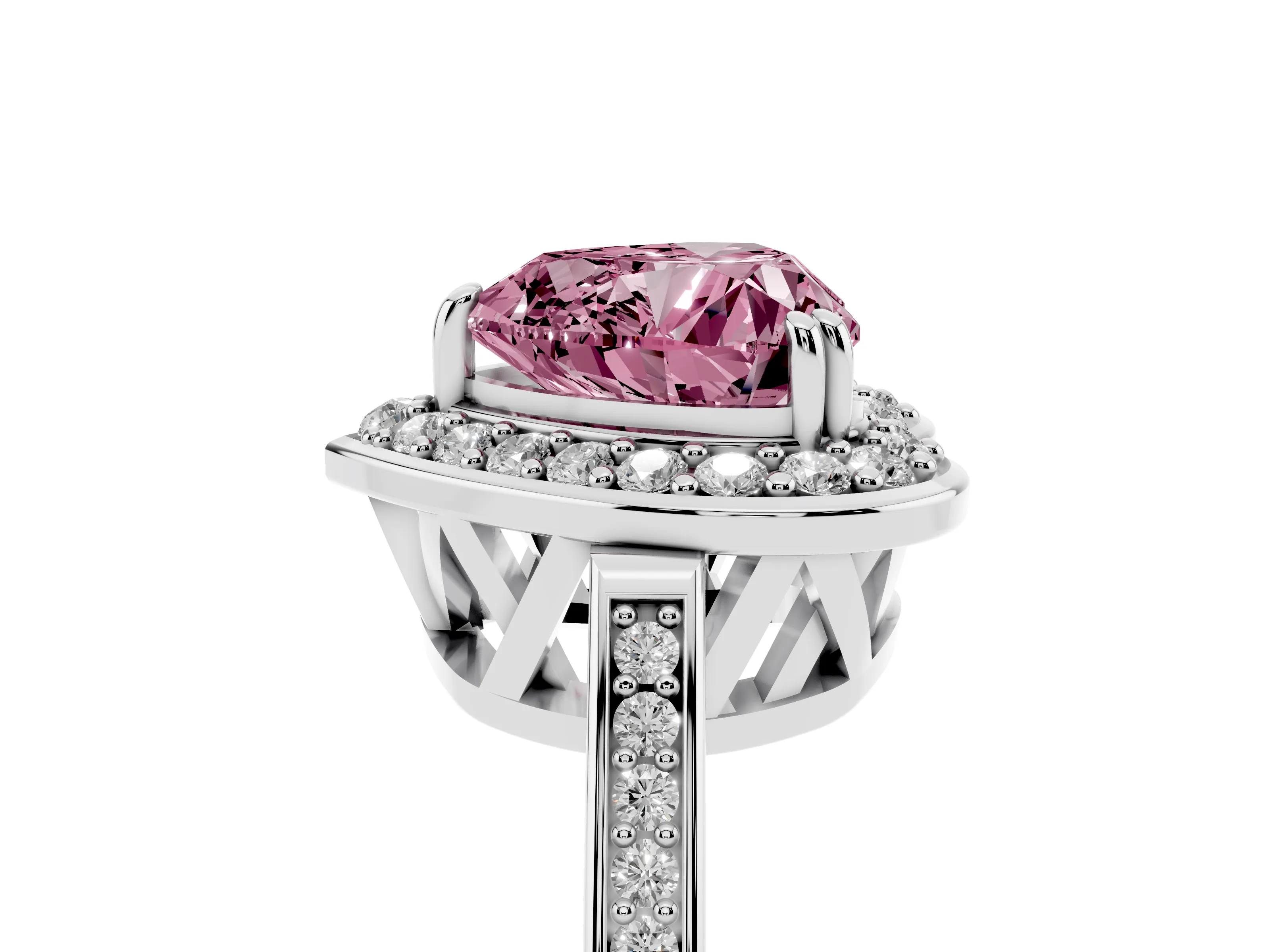 Fancy Pink Heart Cut Diamond Halo Ring Set in White gold with Accent-Lined Split Shank and Prong Setting