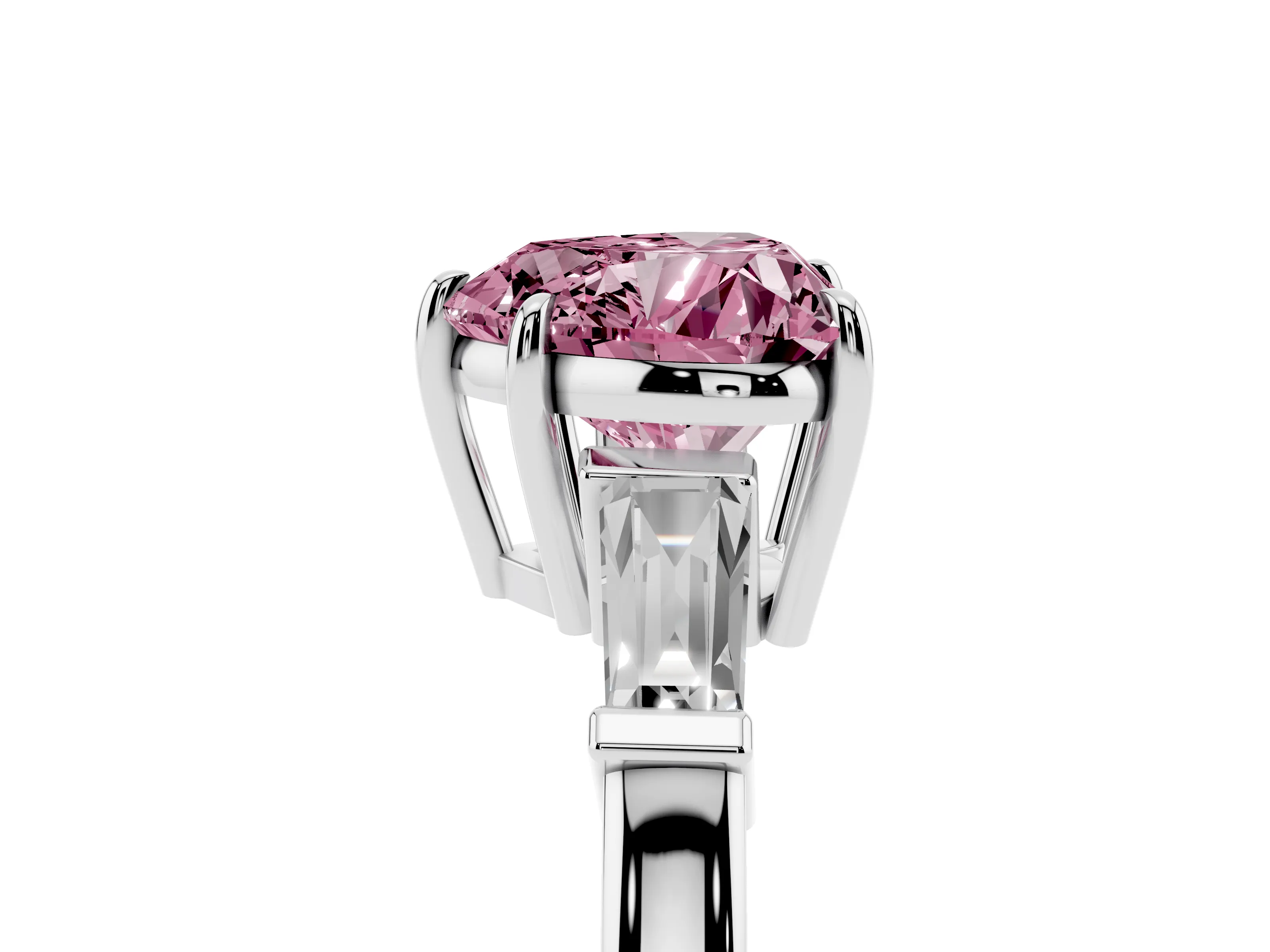 Fancy Pink Heart Cut Diamond Three-Stone Ring Set in Platinum with Tapered Baguette Side Stones and Prong Setting