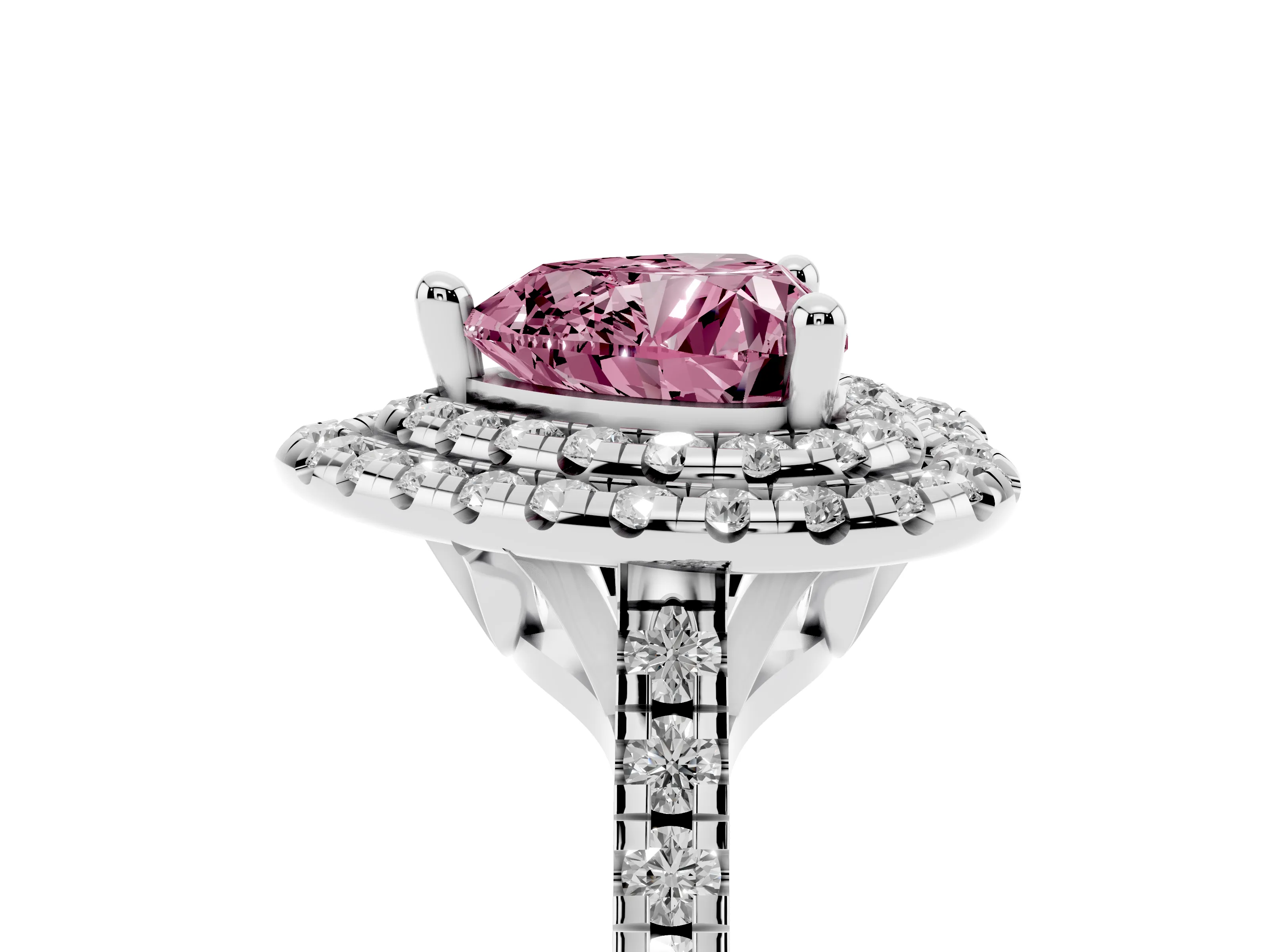 Fancy Pink Heart Cut Diamond Double Halo Statement Ring Set in White gold with Pavé Band