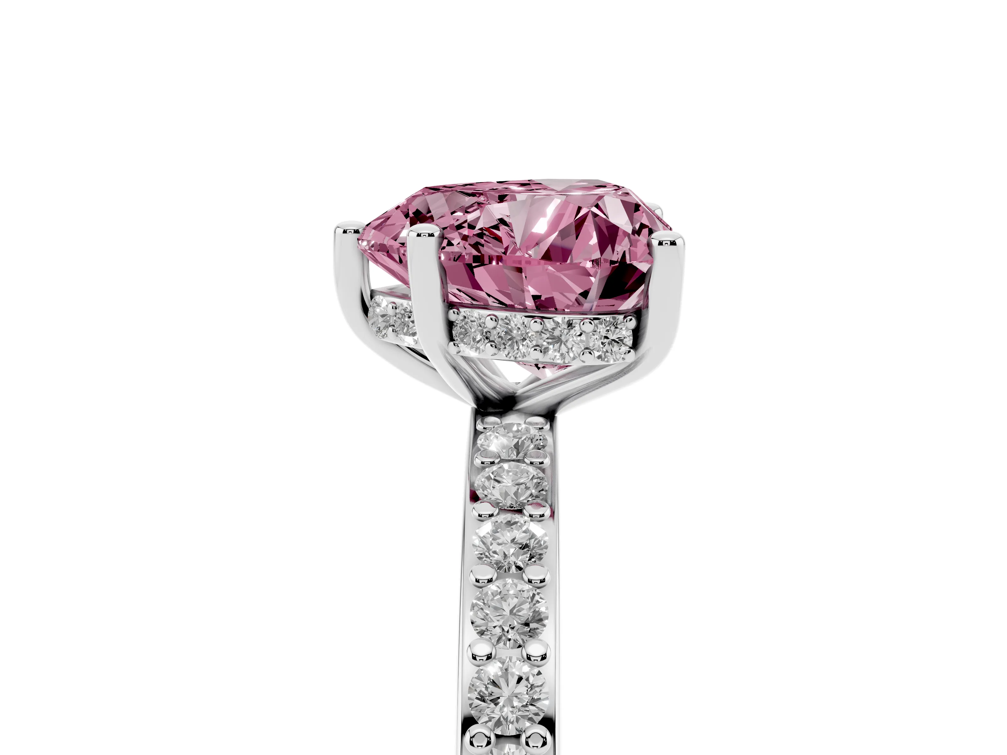 Fancy Pink Heart Cut Diamond Pavé Band Ring Set in White gold with Prong-Set Center Stone