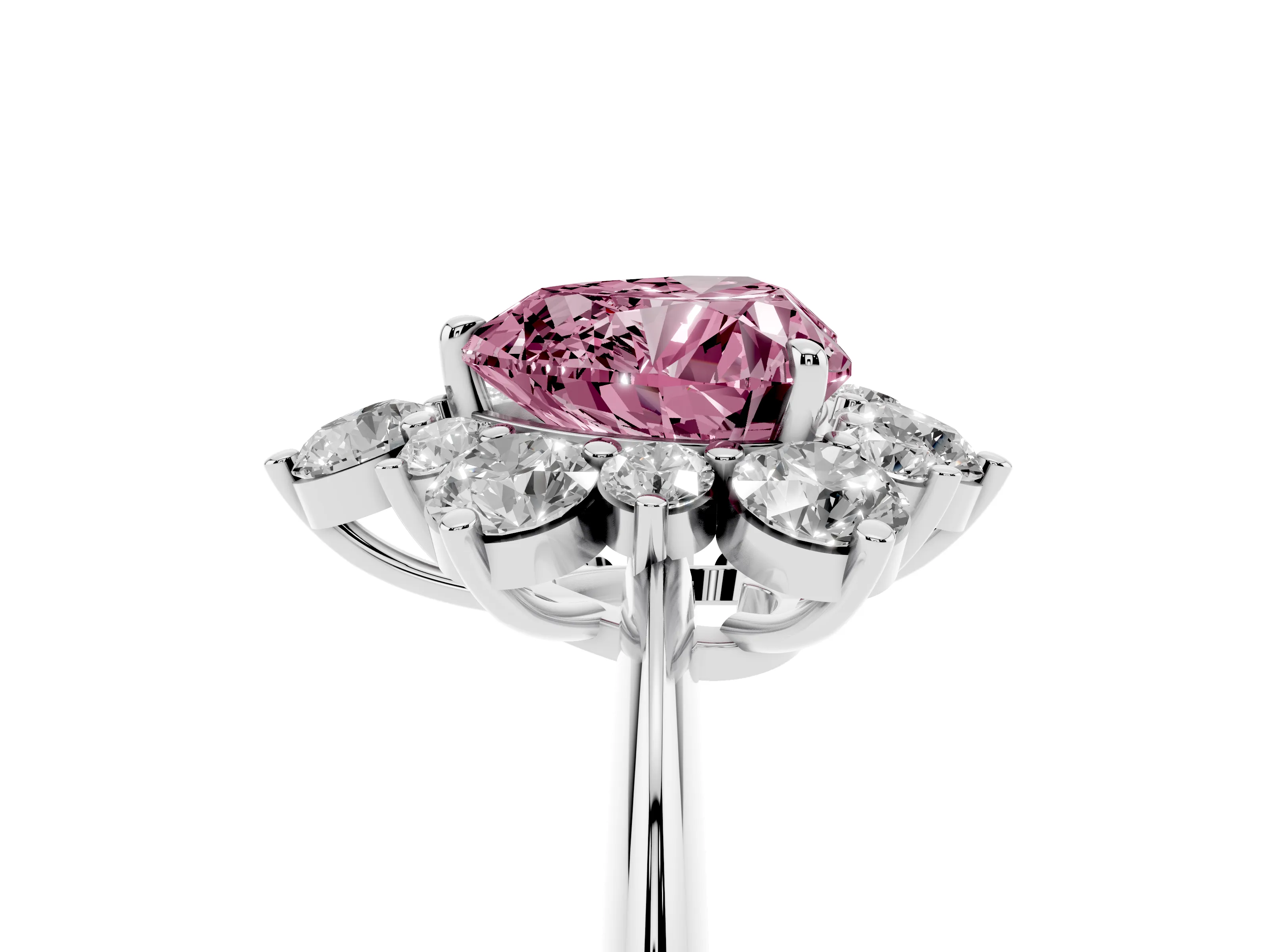 Fancy Pink Heart Cut Diamond Cluster Halo Ring Set in White gold with Solitaire Band and Prong Setting