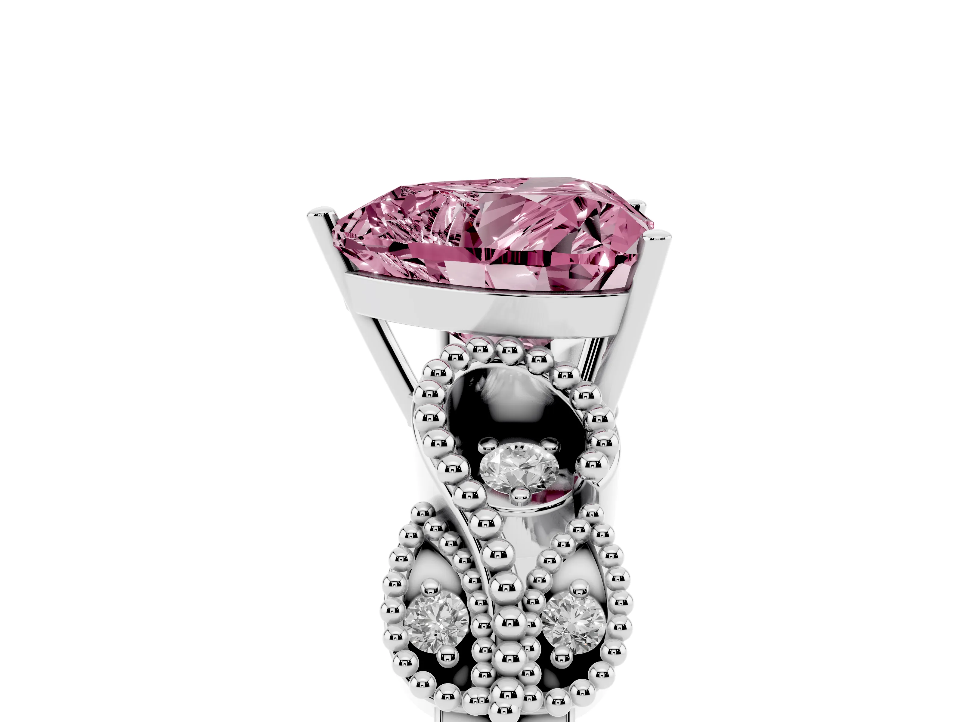 Fancy Pink Heart Cut Diamond Milgrain Leaf Band Solitaire Ring Set in White gold with Accent Stones and Prong Setting