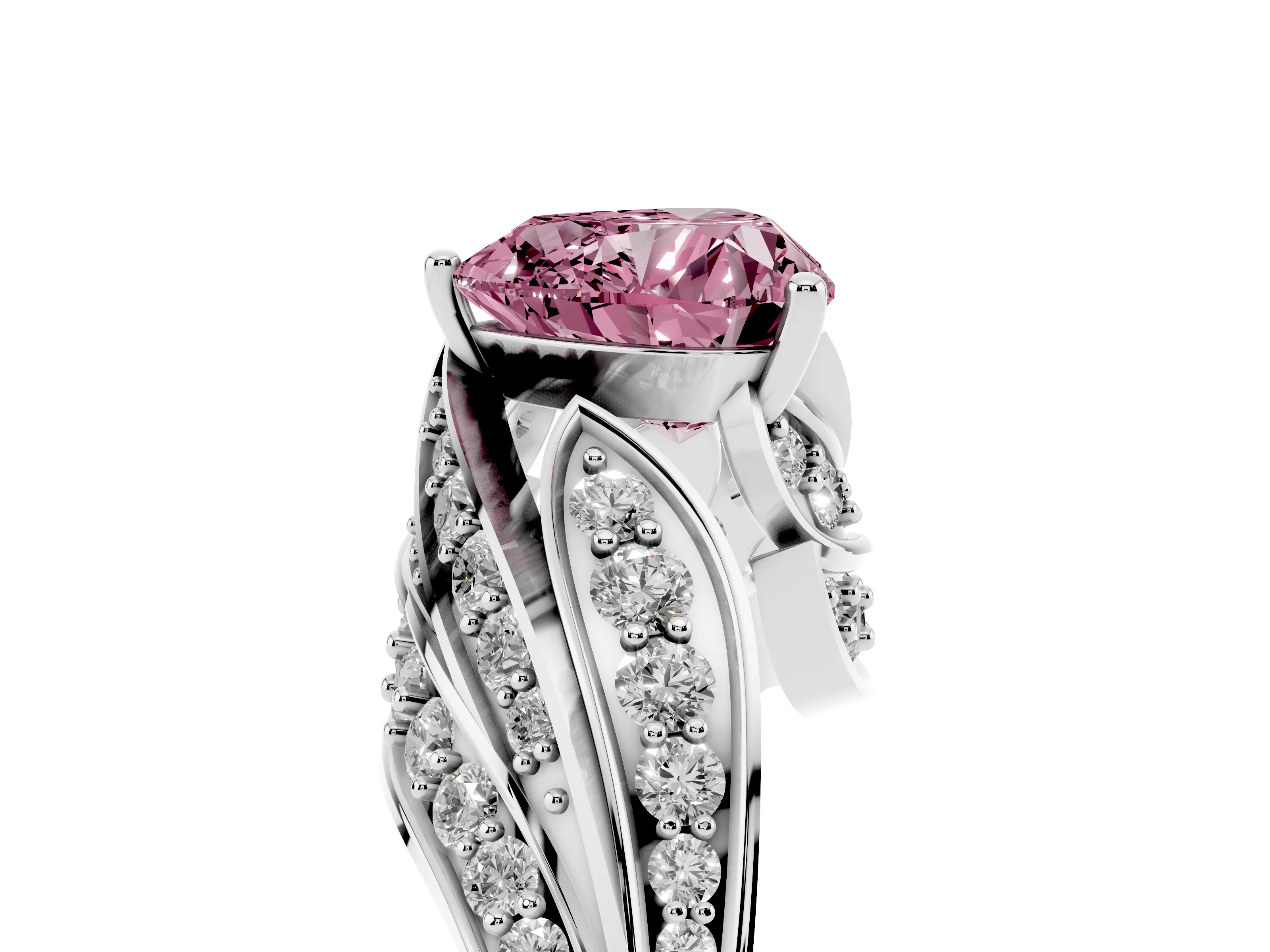 Fancy Pink Heart Cut Diamond Solitaire Ring Set in Platinum with Layered Twist Pavé Band