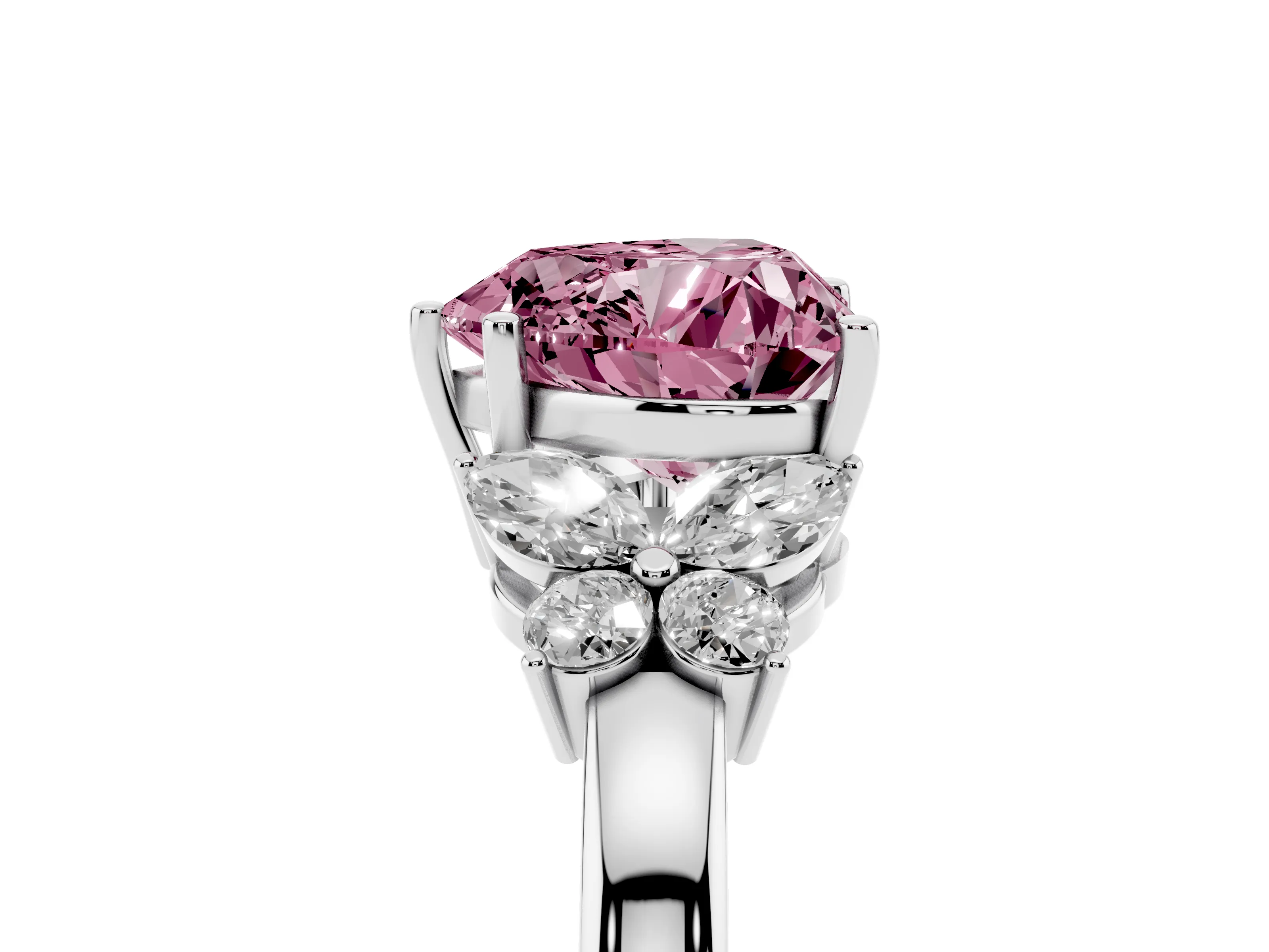Fancy Pink Heart Cut Diamond Solitaire Floral Ring Set in Platinum with Marquise Petals and Prong Setting