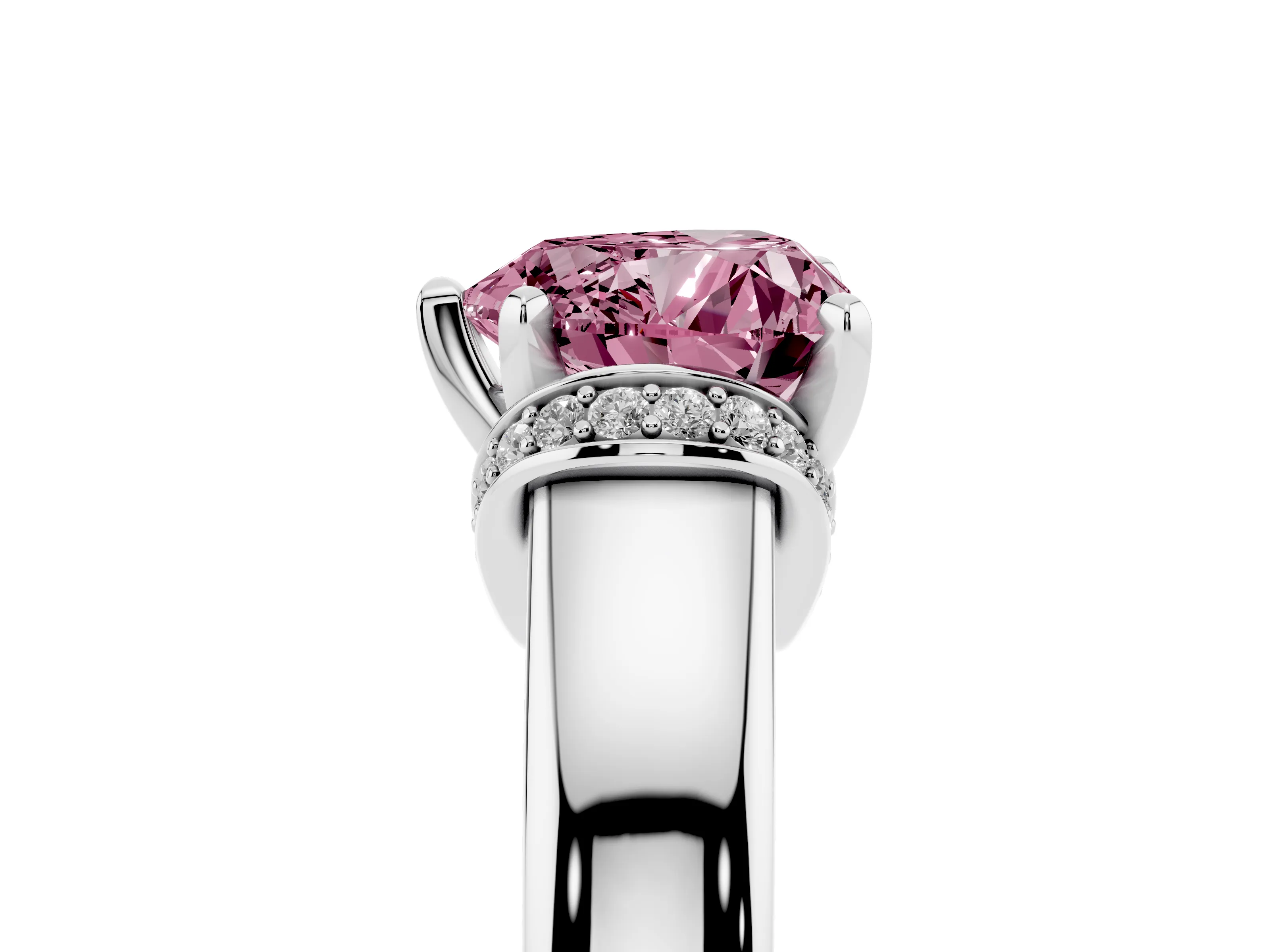 Fancy Pink Heart Cut Diamond Pavé Band Solitaire Ring Set in Platinum with Prong Setting