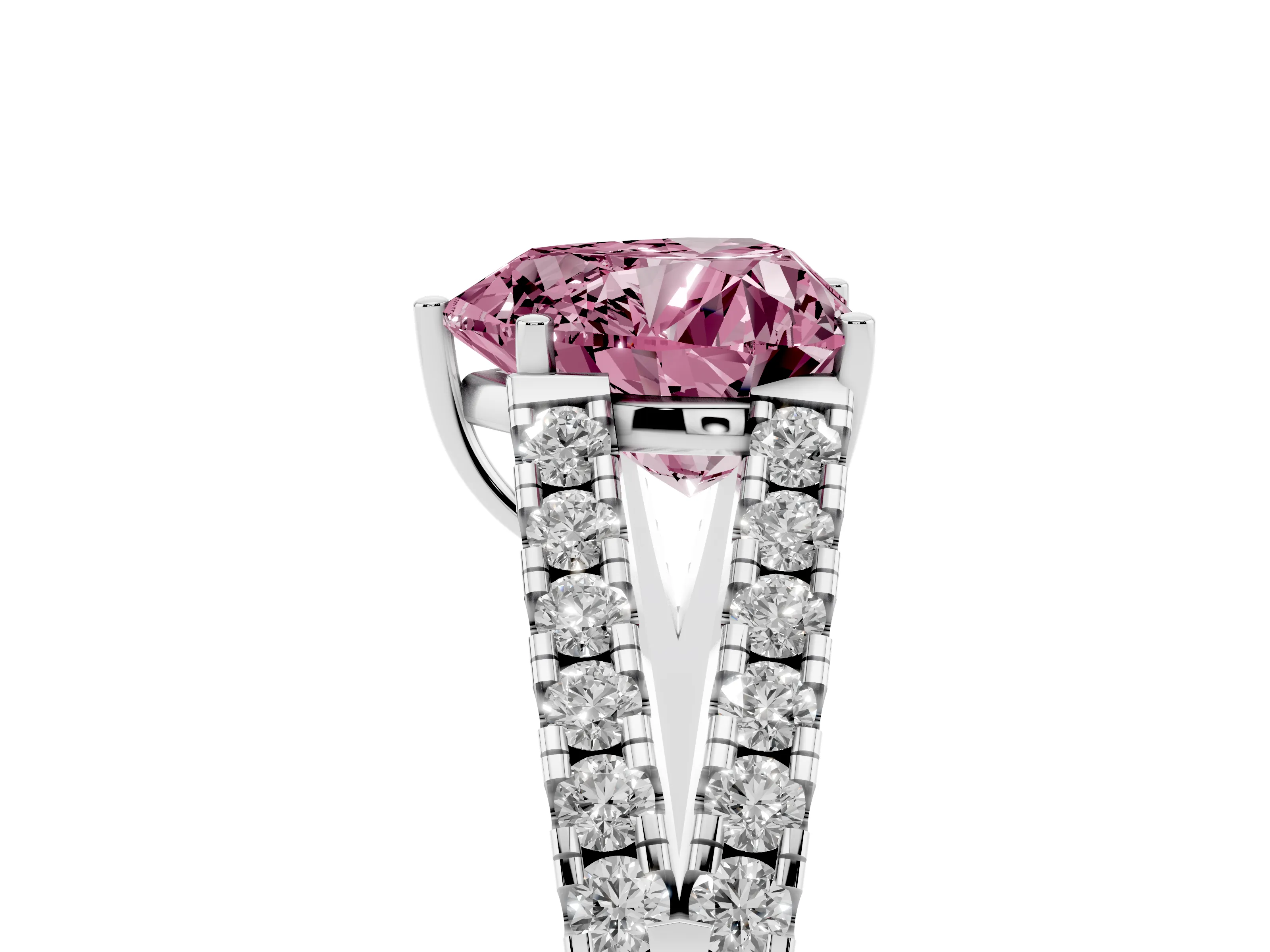 Fancy Pink Heart Cut Diamond Split Shank Pavé Engagement Ring Set in Platinum with Prong-Held Center Stone