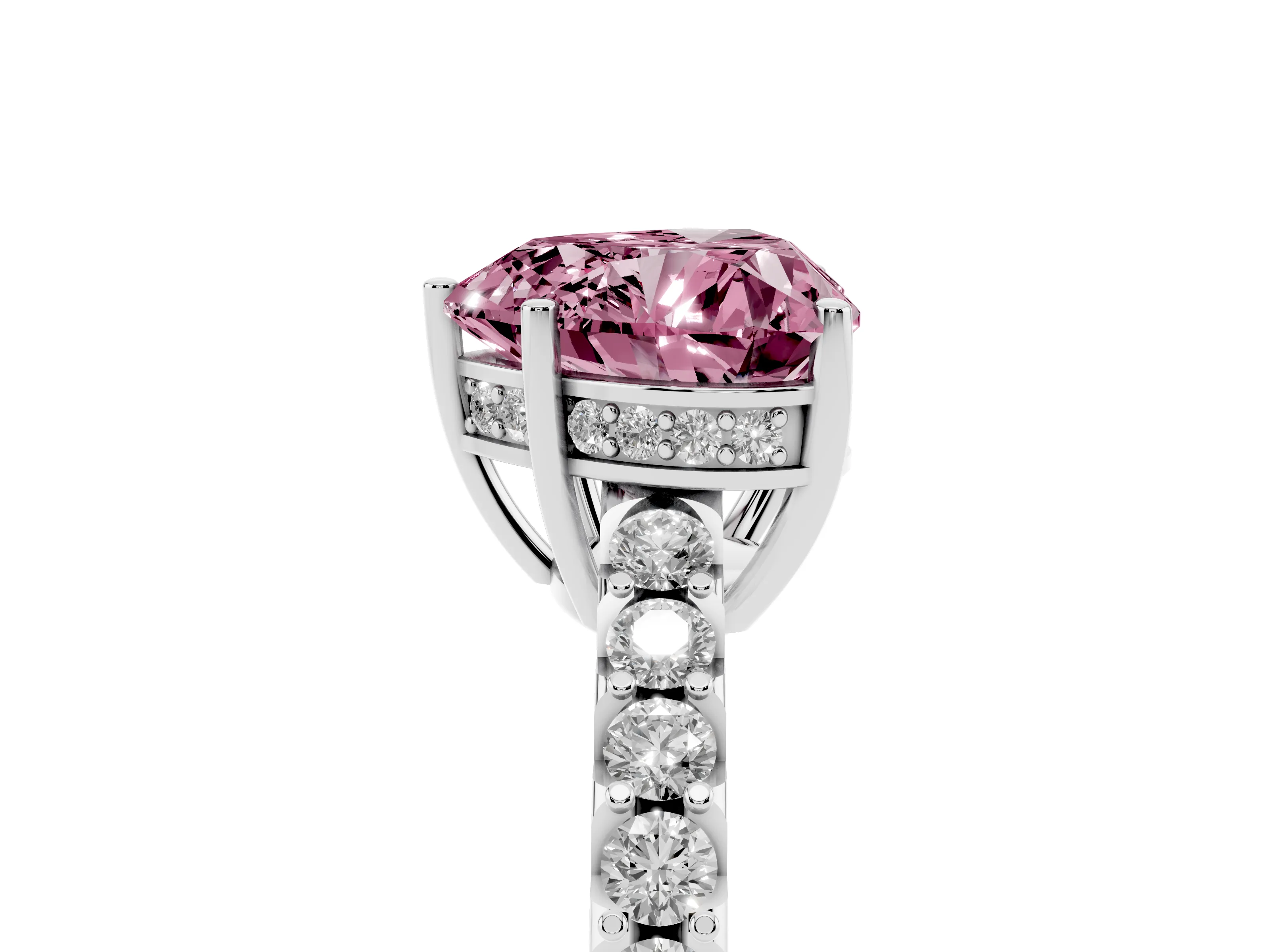 Fancy Pink Heart Cut Diamond Solitaire Engagement Ring Set in White gold with Pavé Band and Prong Setting