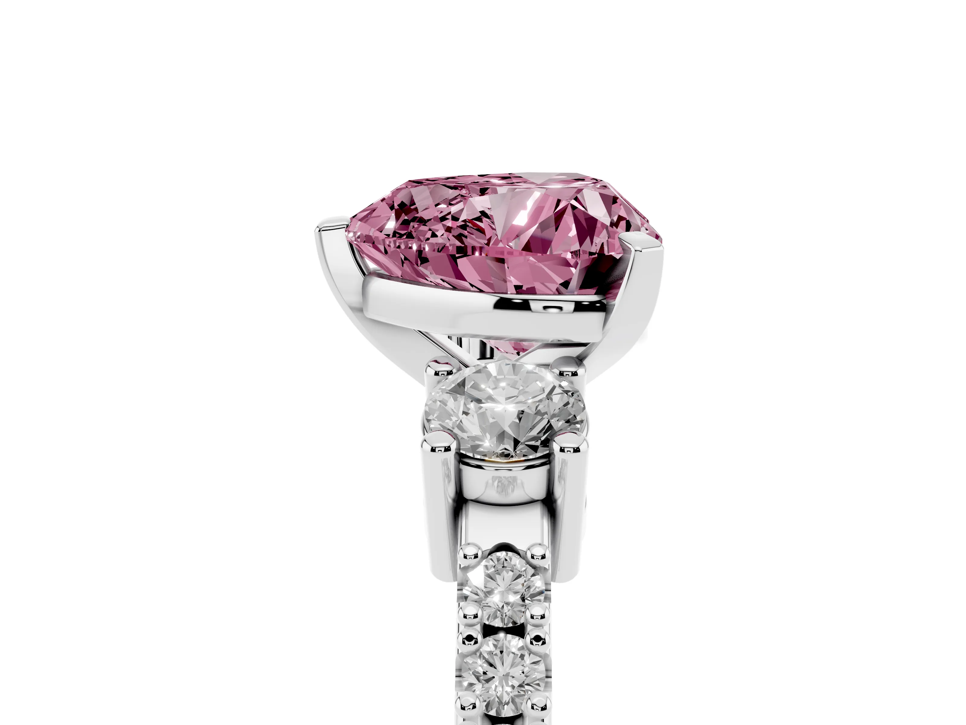 Fancy Pink Three-Stone Heart Cut Diamond Pavé Band Ring Set in White gold with Prong Setting