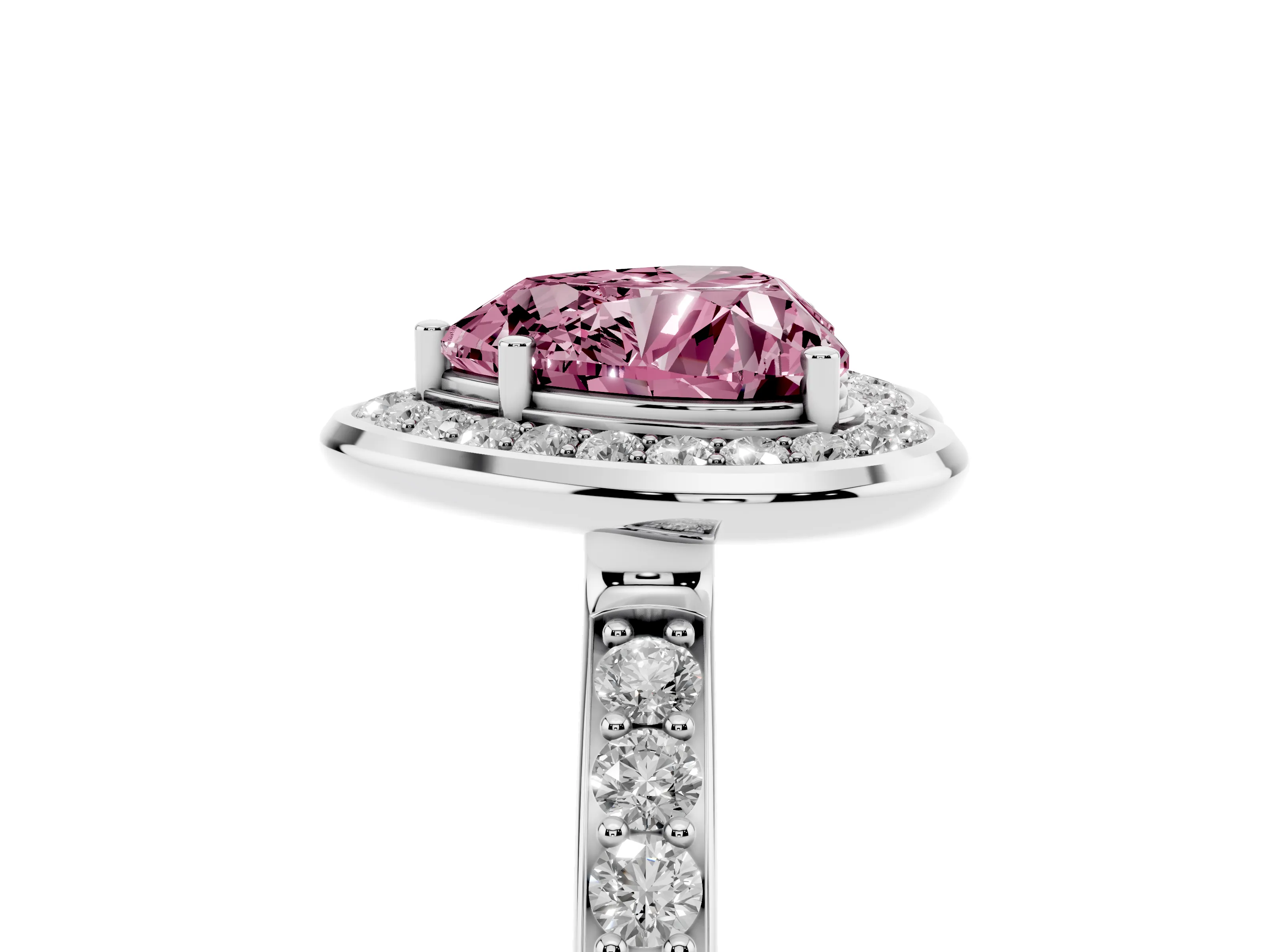 Fancy Pink Heart Cut Diamond Halo Ring Set in Silver with Bezel Frame and Pavé Band
