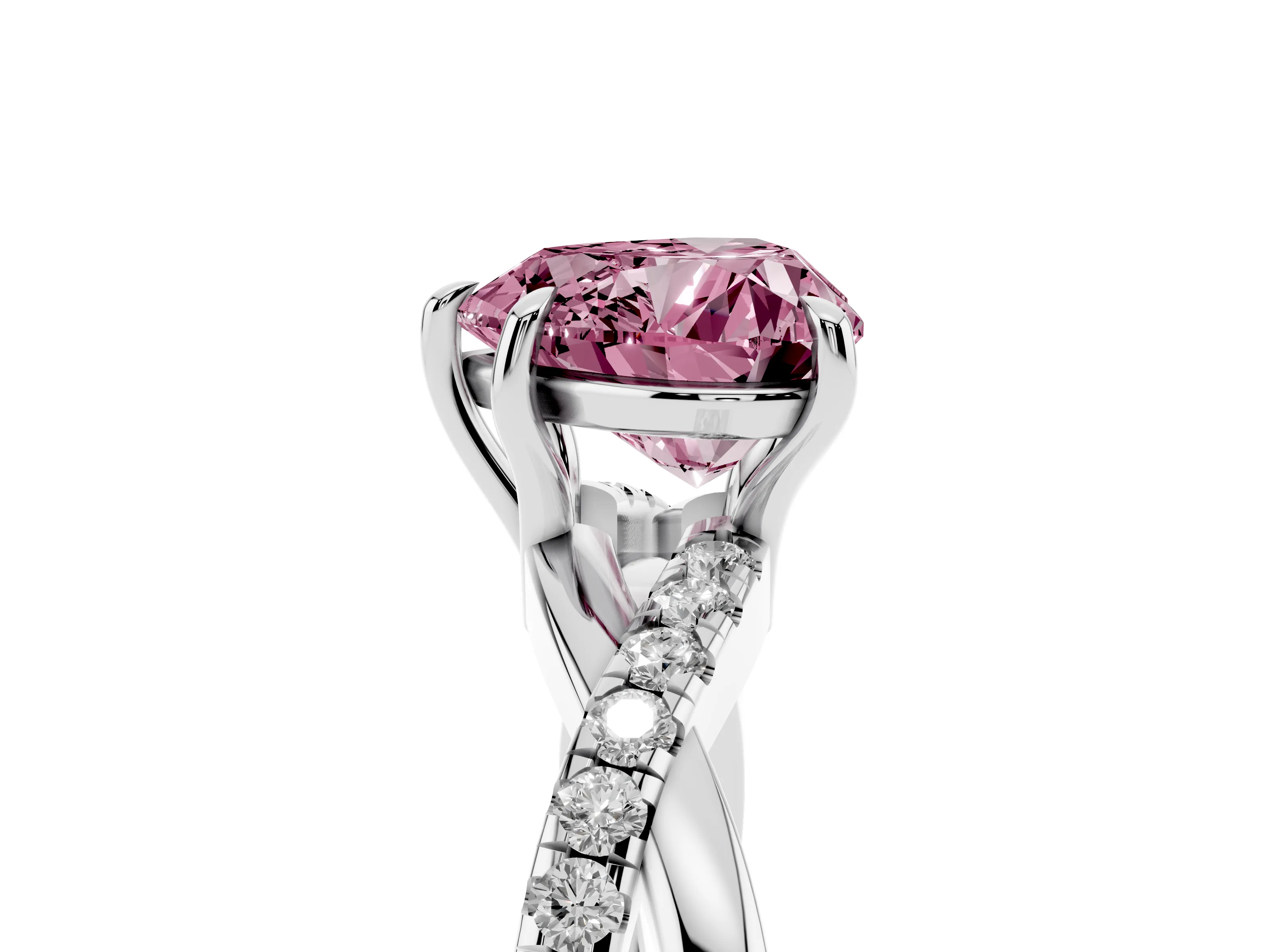 Fancy Pink Heart Cut Diamond Twisted Pavé Band Ring Set in Silver with Prong Setting