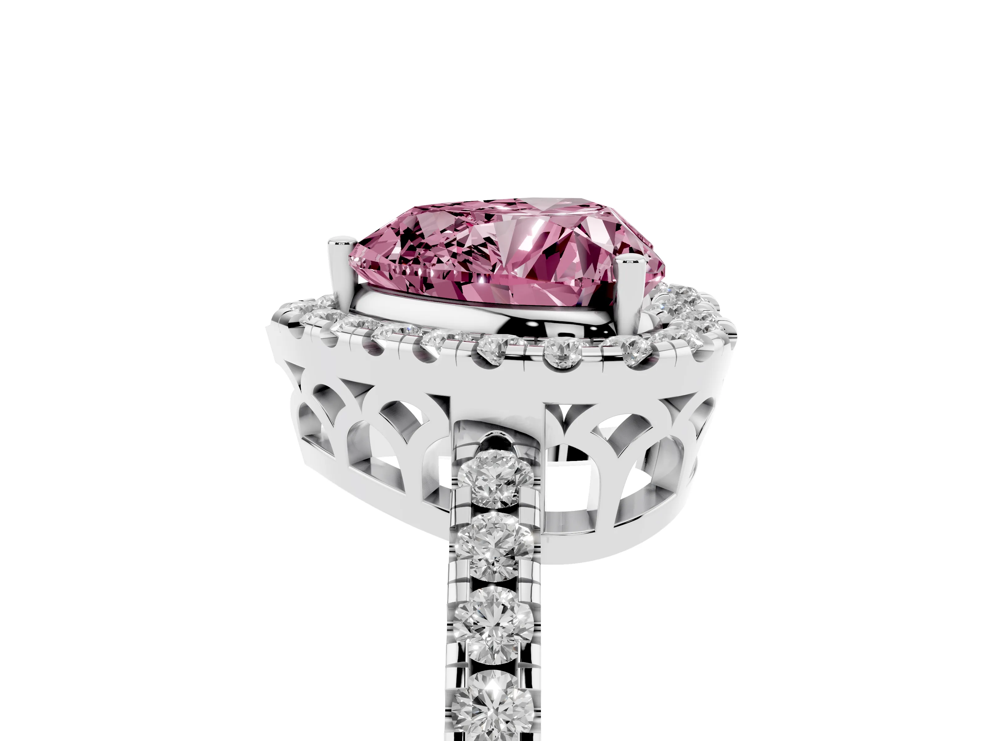 Fancy Pink Heart Cut Diamond Pavé Band Halo Engagement Ring Set in Silver with Prong Setting