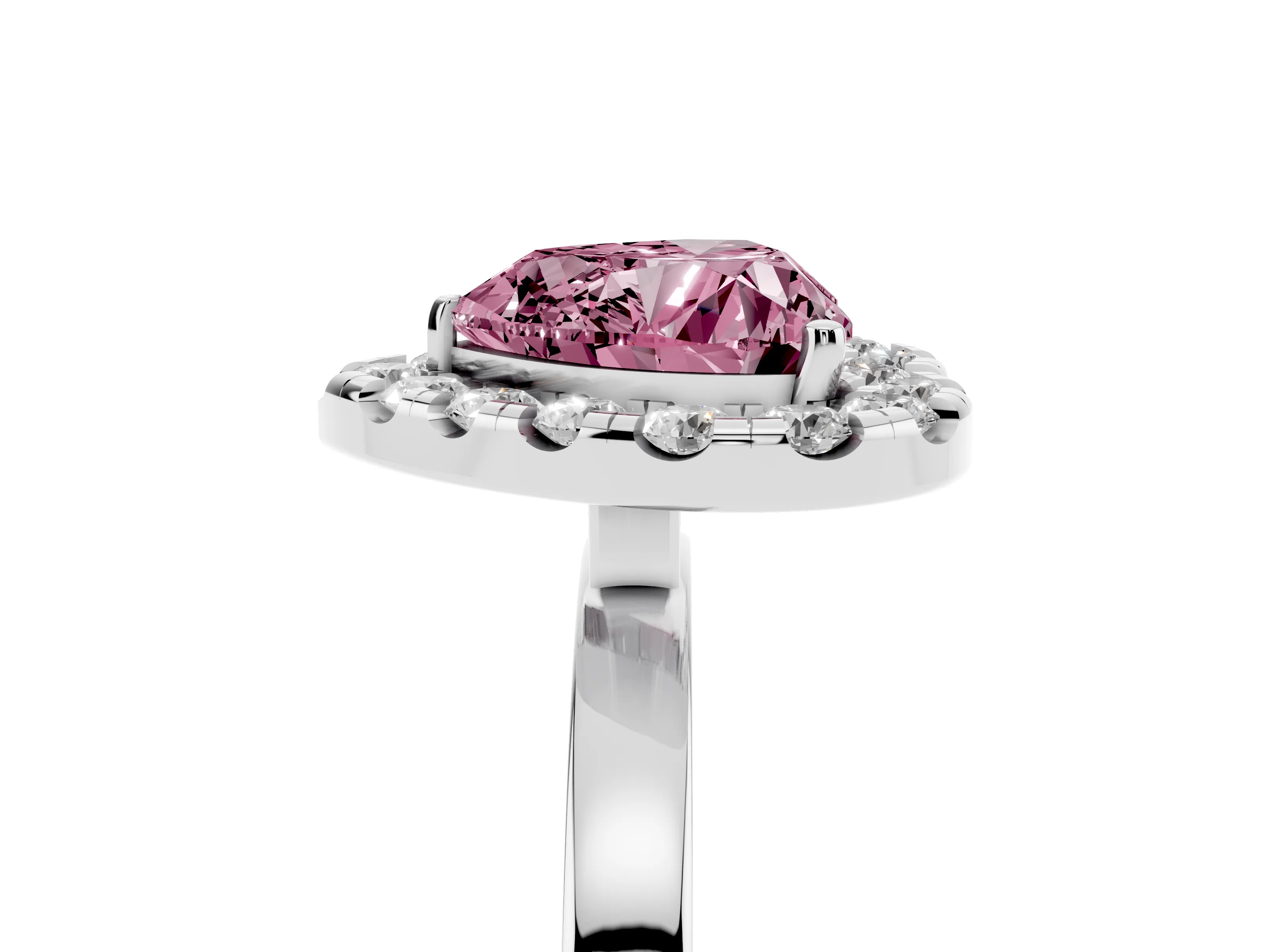 Fancy Pink Heart Cut Diamond Halo Solitaire Ring Set in Silver with Pavé Band and Prong Setting