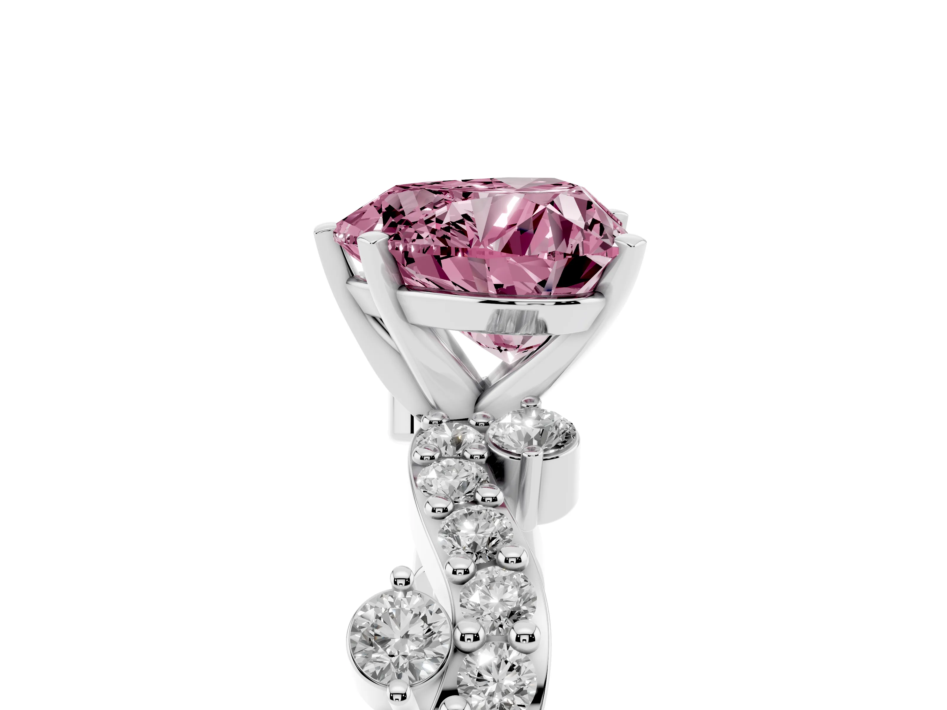 Fancy Pink Heart Cut Diamond Solitaire Twisted Band Set in White gold with Pavé Setting