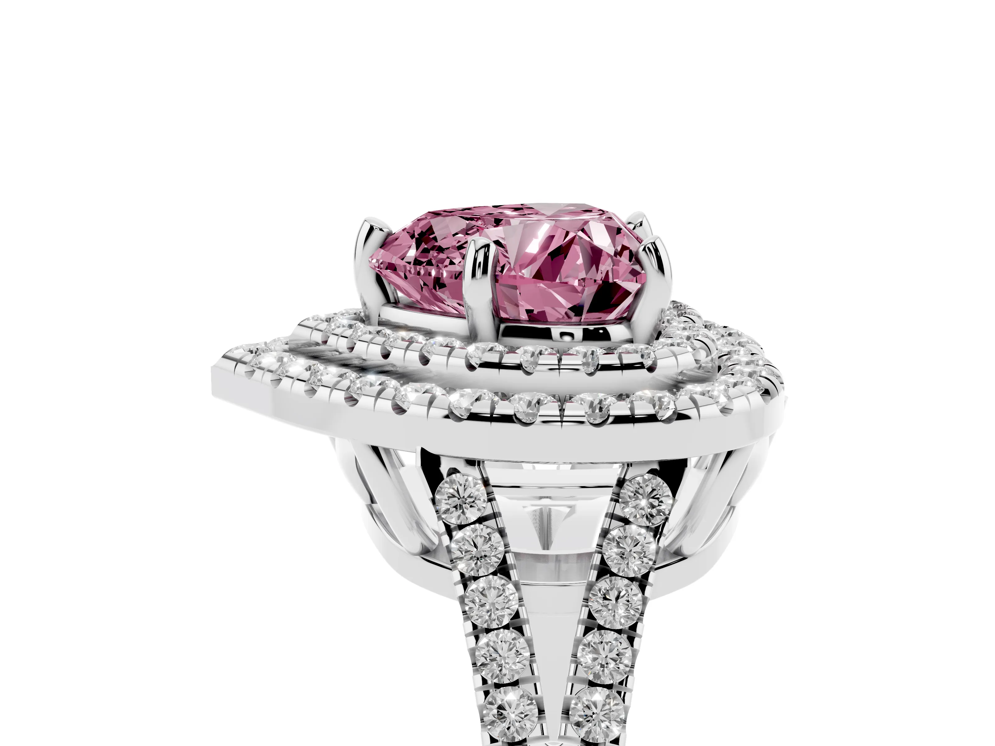 Fancy Pink Heart Cut Diamond Double Halo Ring Set in Silver with Pavé Band