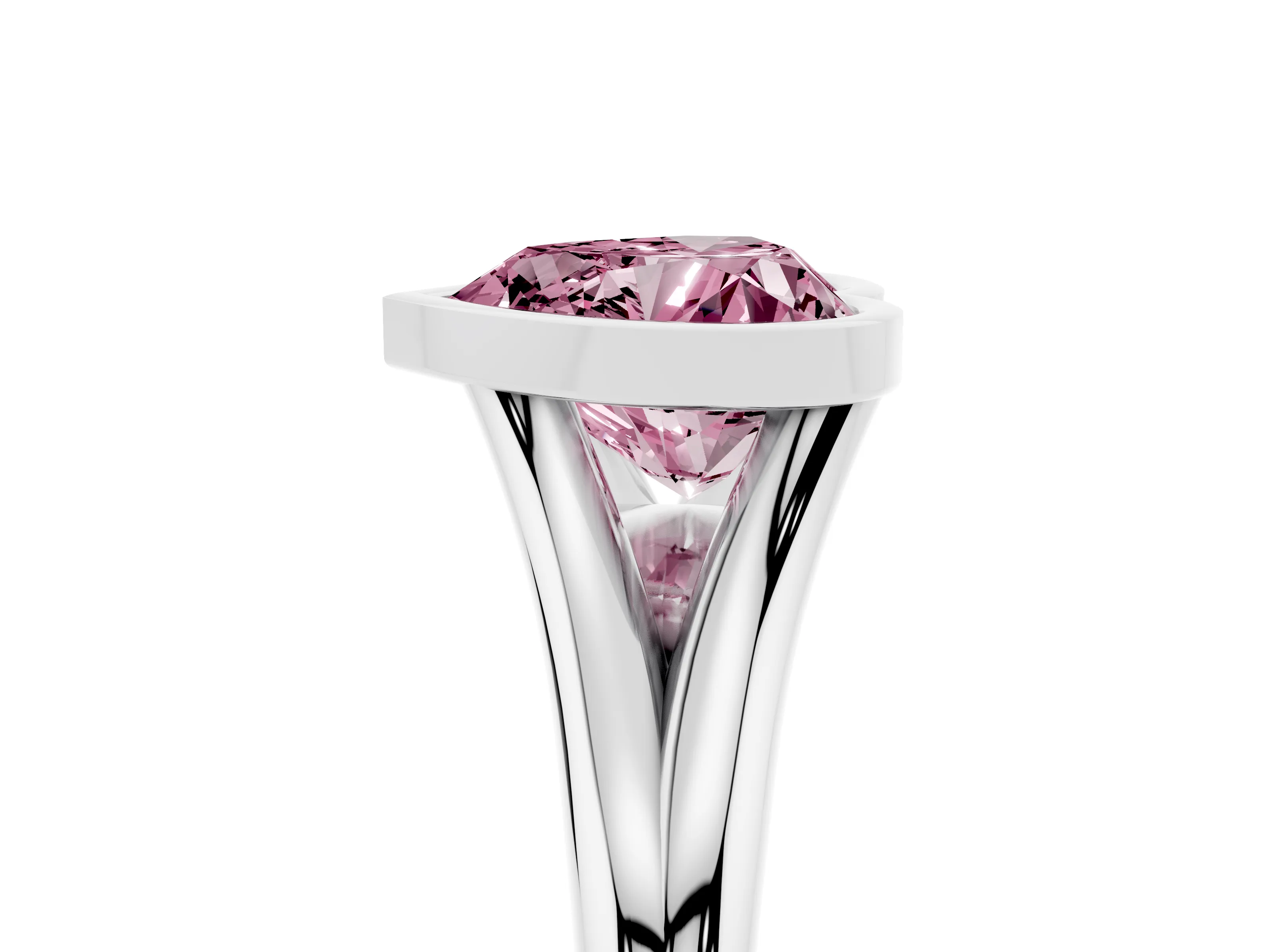 Fancy Pink Bezel Set Heart Cut Diamond Solitaire Ring Set in Platinum with Tapered Band