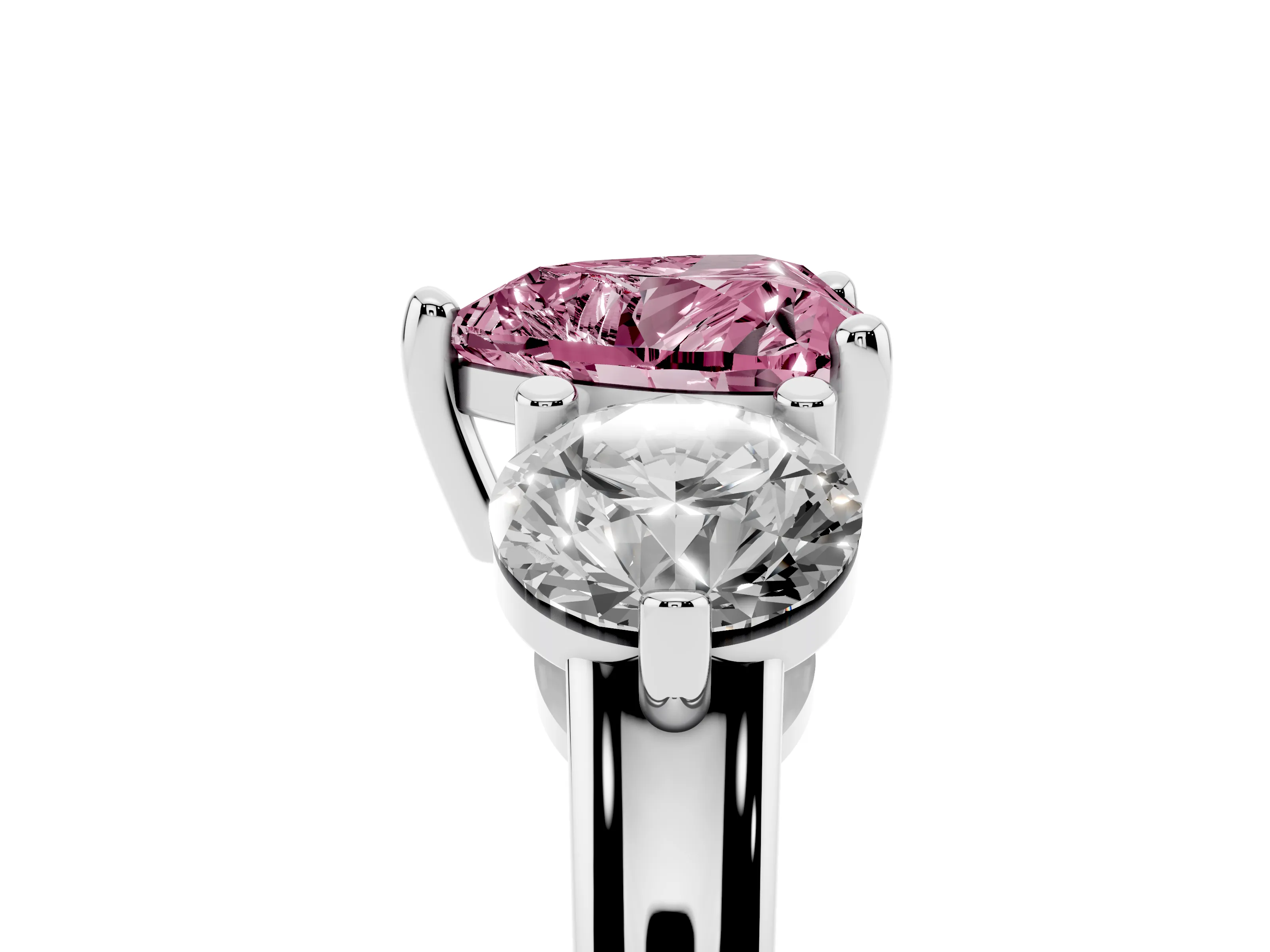 Fancy Pink Heart Cut Diamond Three-Stone Ring Set in White gold with Prong Setting and Classic Band
