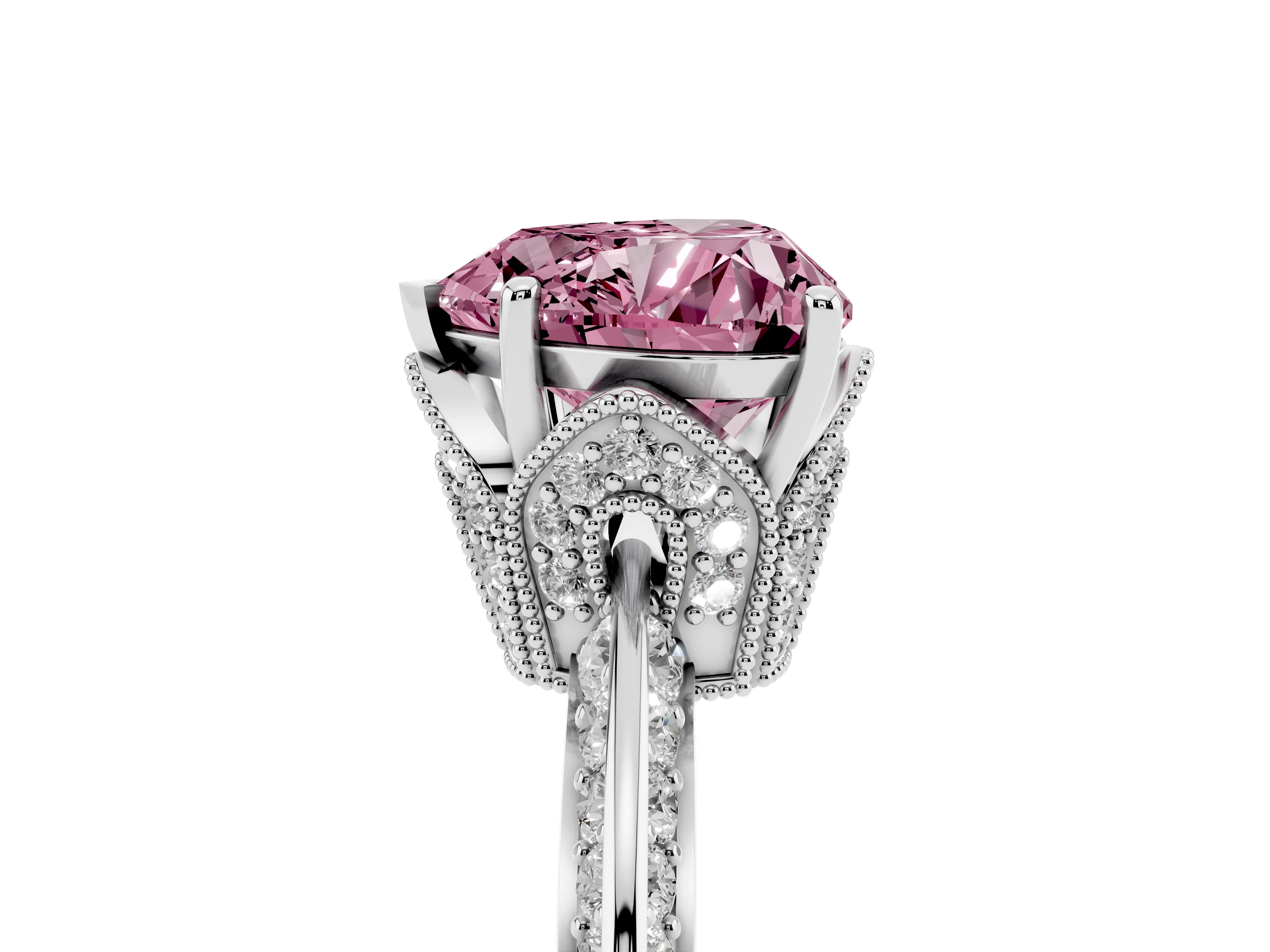 Fancy Pink Heart Cut Diamond Solitaire Engagement Ring Set in White gold with Pavé Split Shank and Prong Setting