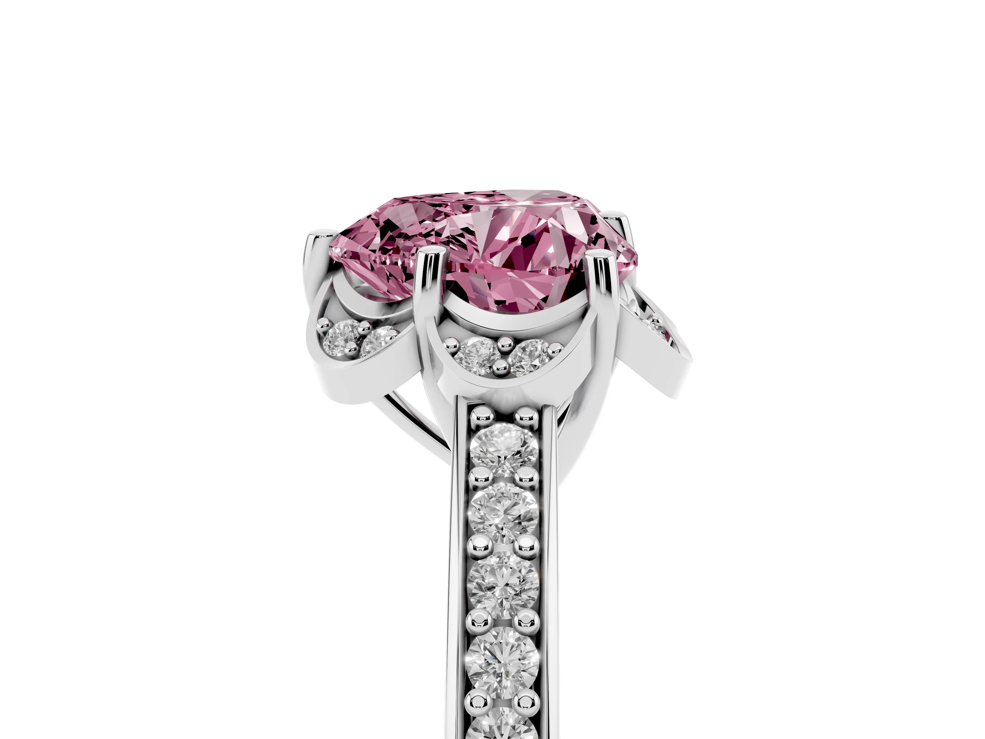 Fancy Pink Heart Cut Diamond Halo Ring Set in Platinum with Channel Set Band and Prong Setting