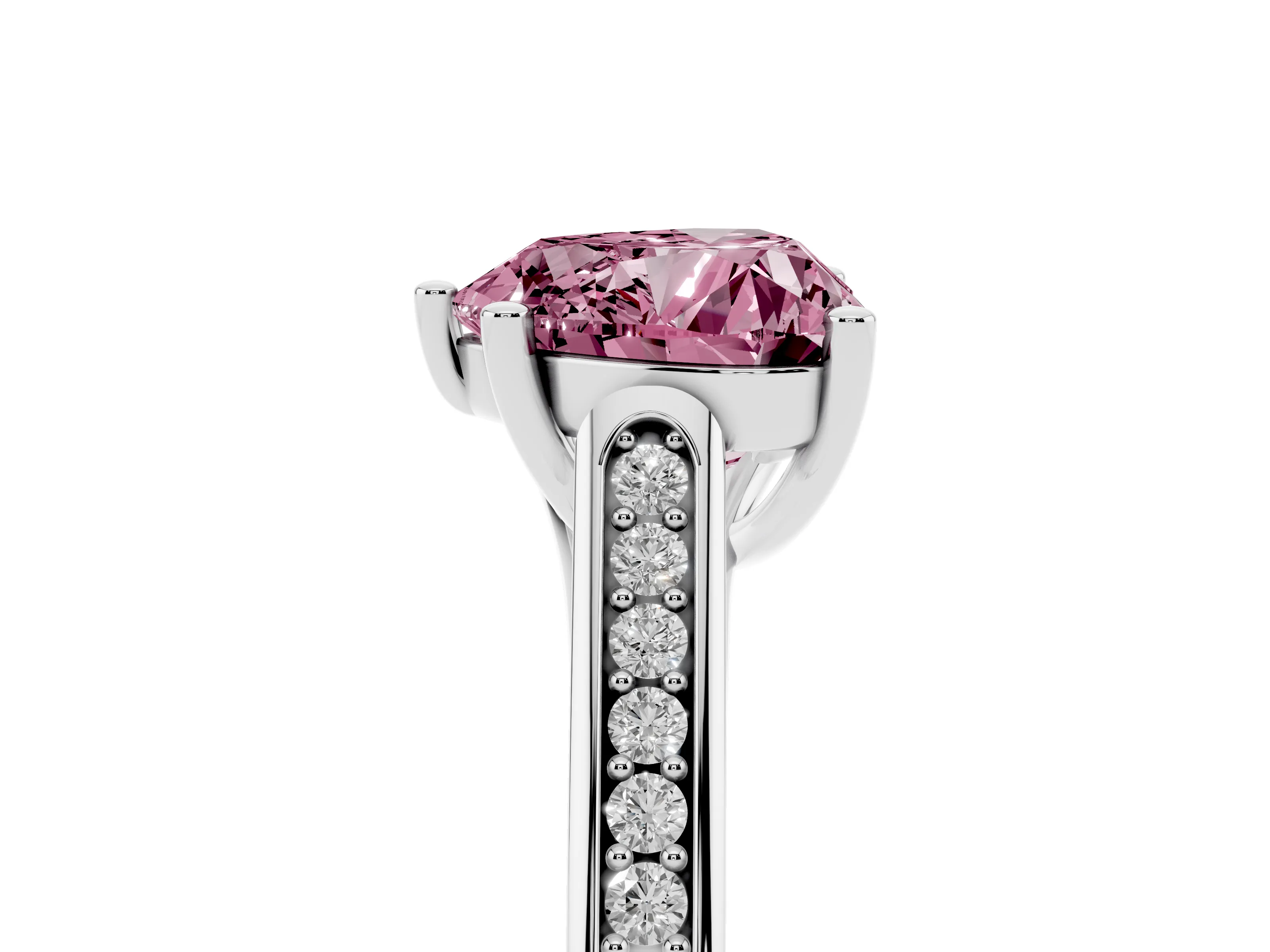 Fancy Pink Heart Cut Diamond Solitaire Cathedral Engagement Ring Set in White gold with Channel-Set Band and Prong Setting