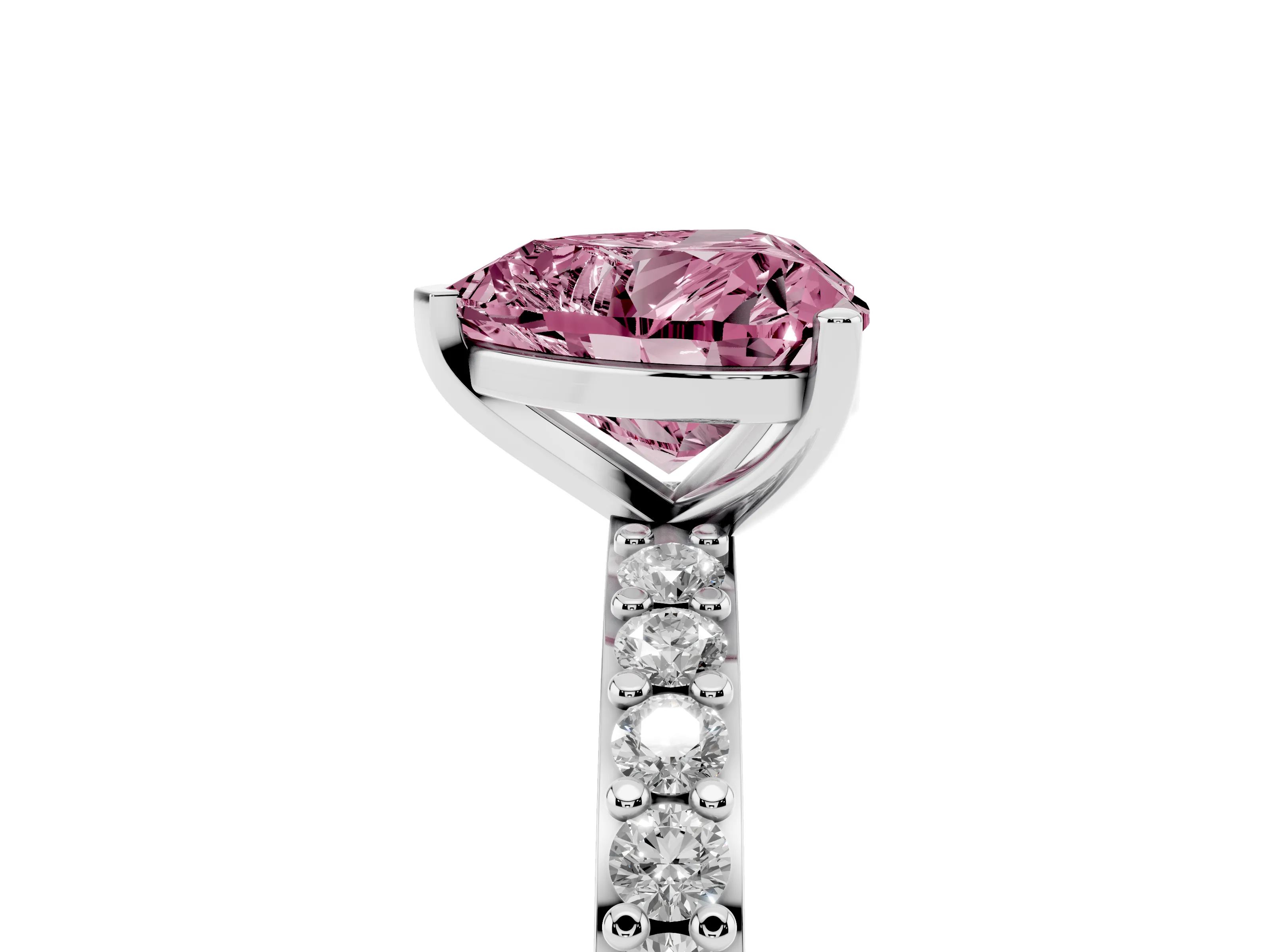 Fancy Pink Heart Cut Diamond Solitaire Set in White gold with Round Pavé Band and Prong Setting