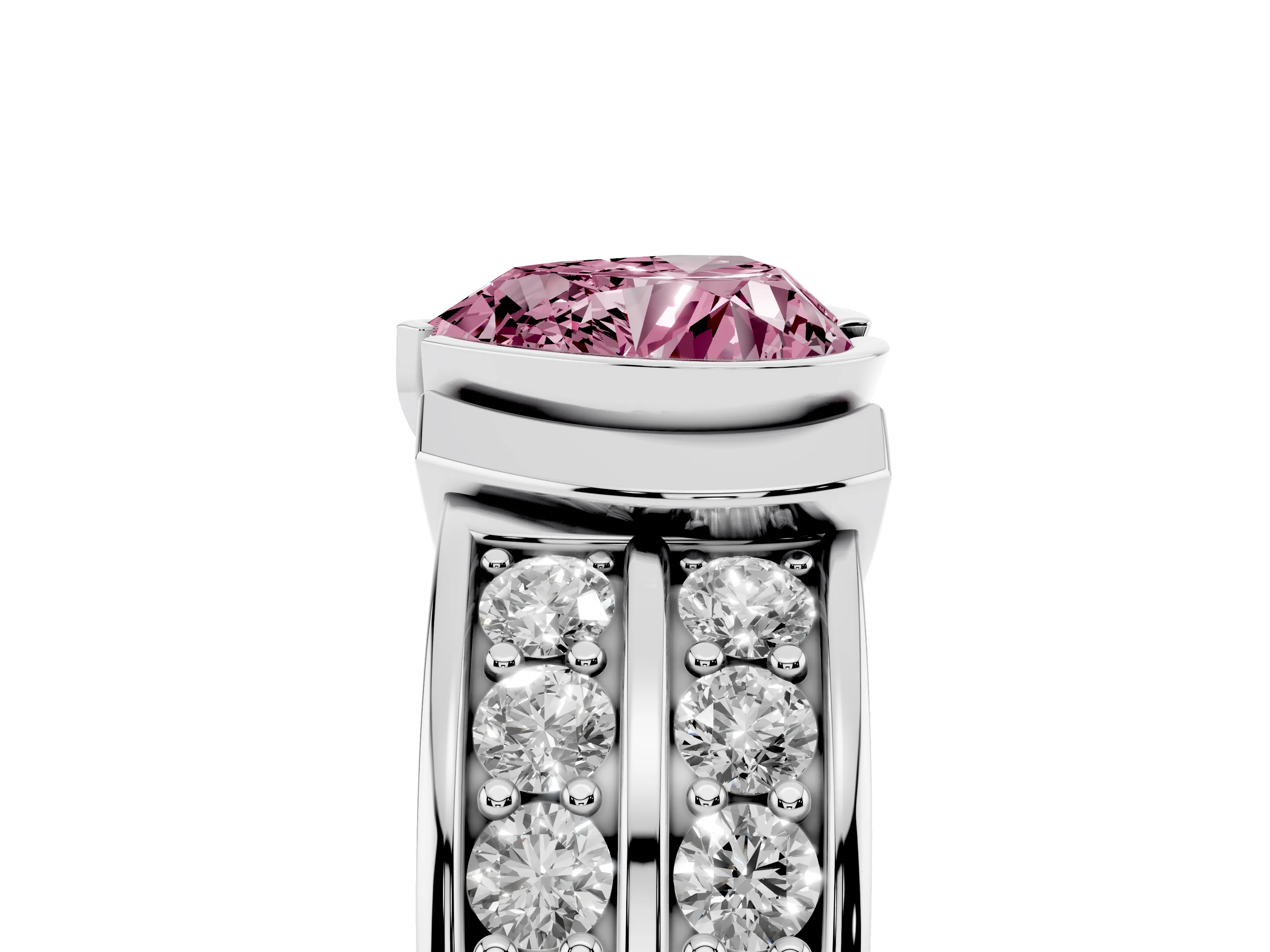 Fancy Pink Heart Cut Diamond Wide Channel Set Band Ring Set in White gold with Bezel Setting