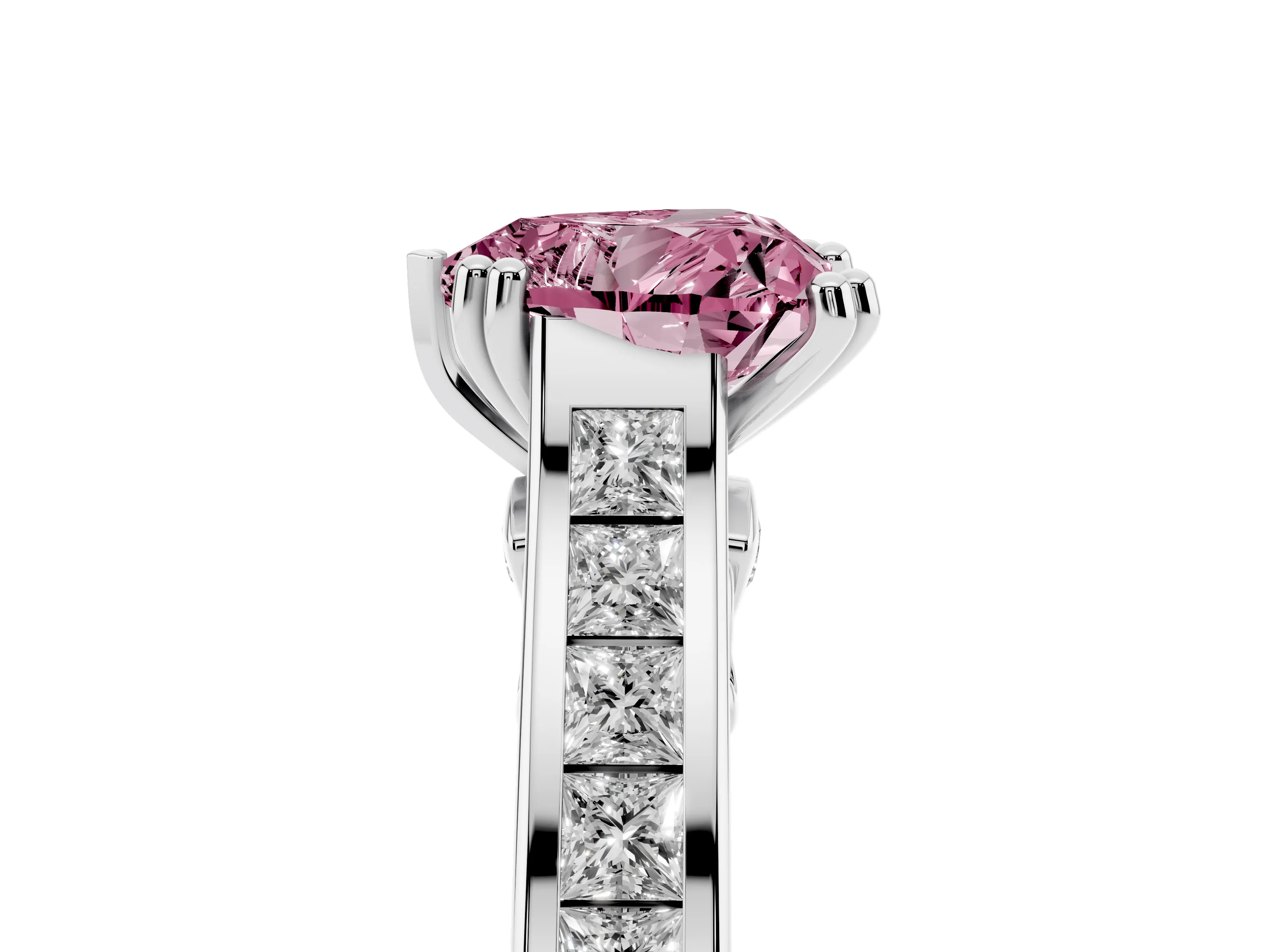 Fancy Pink Heart Cut Diamond Channel Set Solitaire Engagement Ring Set in Platinum with Prong Setting