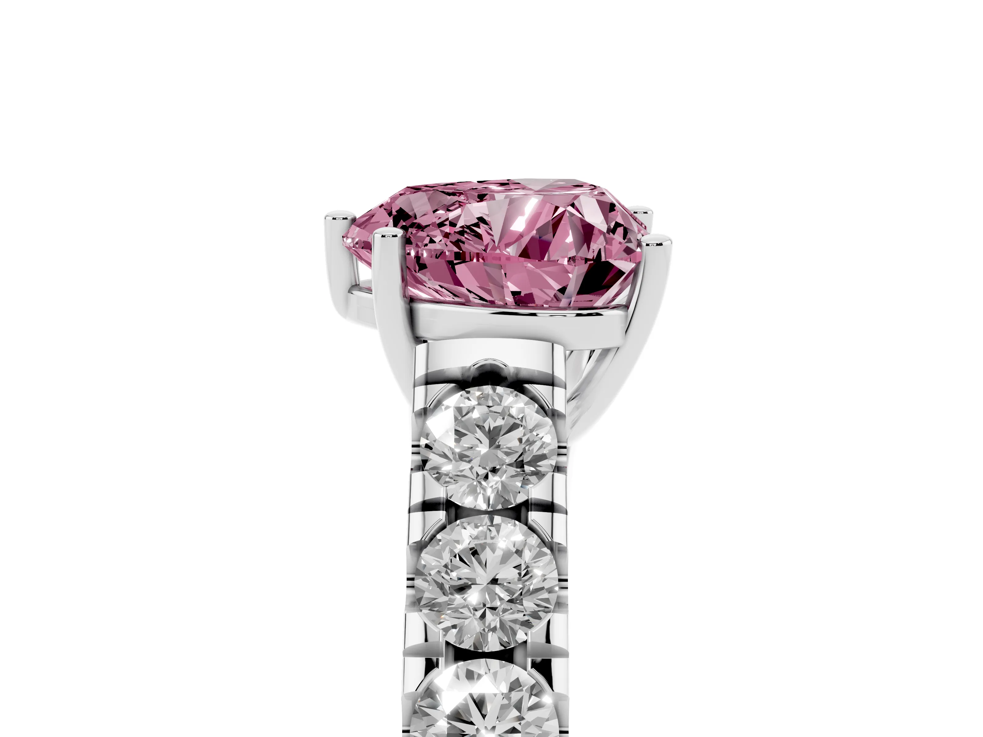 Fancy Pink Heart Cut Diamond Solitaire Ring Set in White gold with Cut-Down Micro Pavé Band and Prong Setting