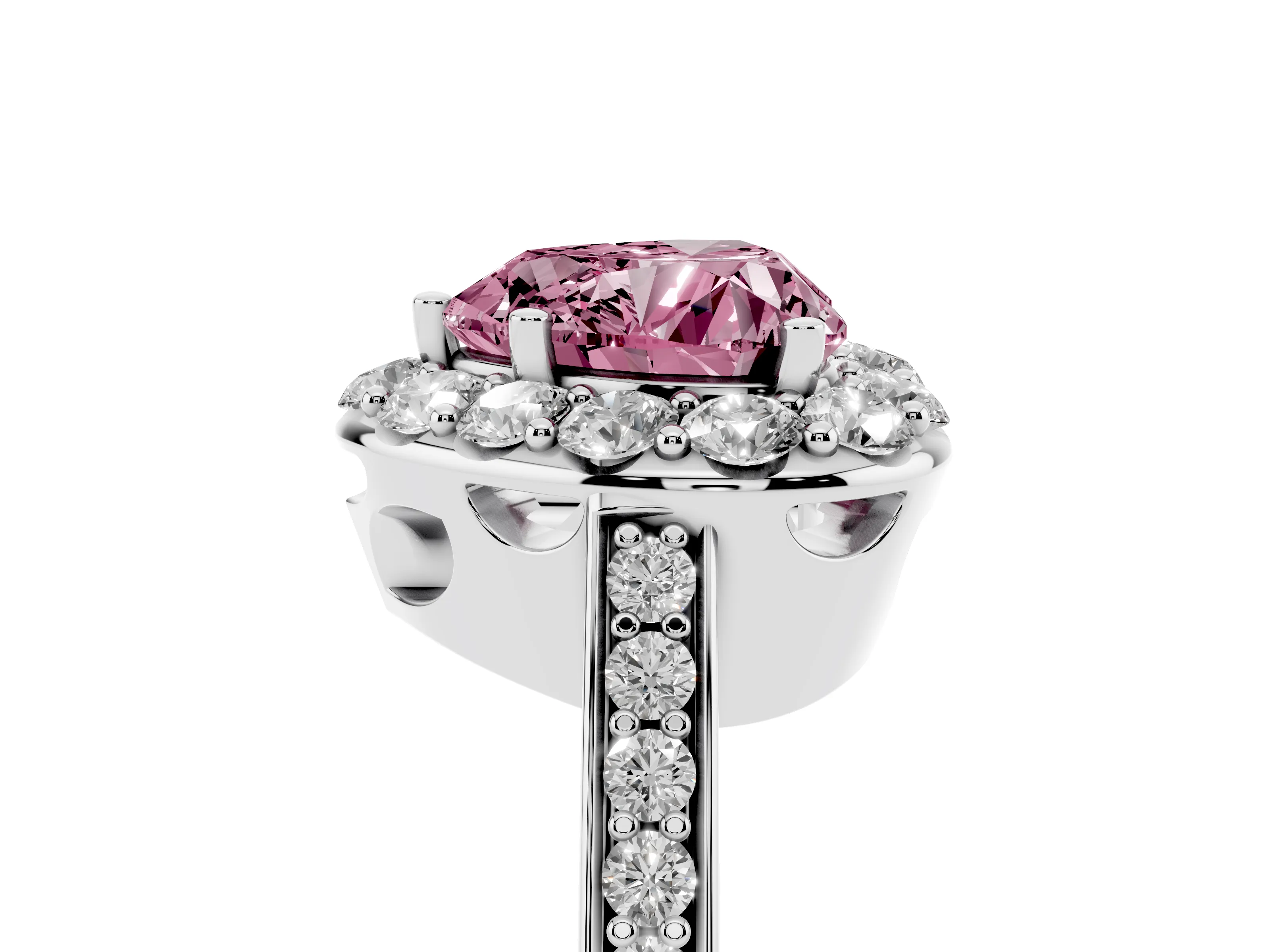 Fancy Pink Heart Cut Diamond Floral Halo Ring Set in White gold with Pavé Band and Prong Setting