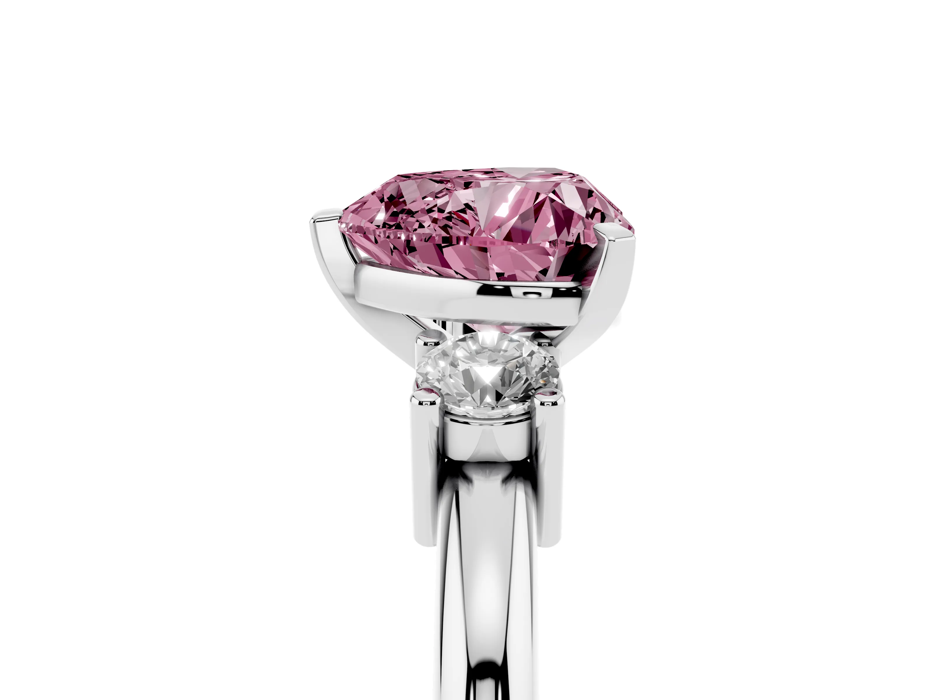 Fancy Pink Three-Stone Heart Cut Diamond Ring Set in Platinum with Prong Setting and Plain Band