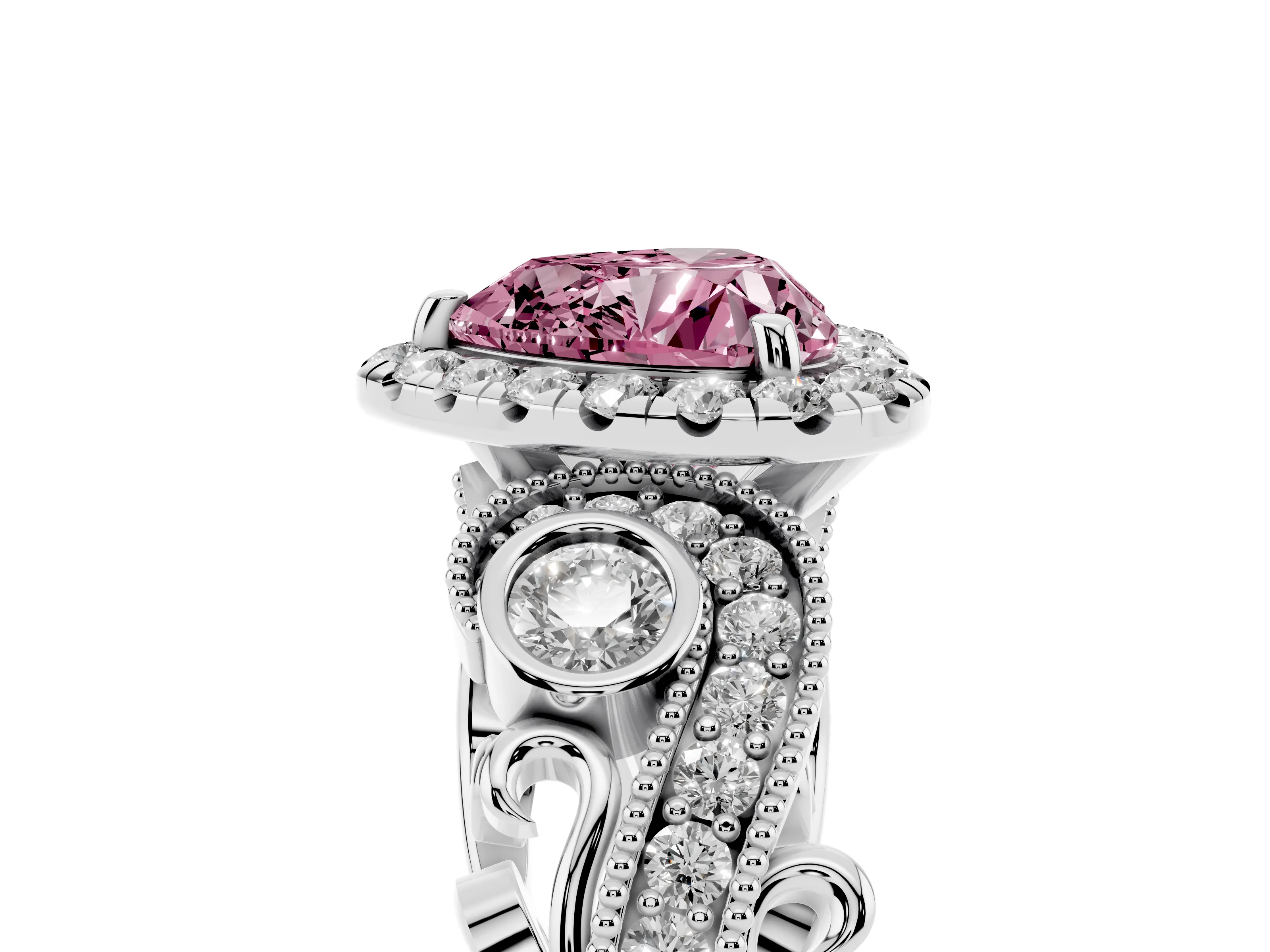 Fancy Pink Heart Cut Diamond Halo Ring Set in White gold with Milgrain Pavé Band and Prong Setting