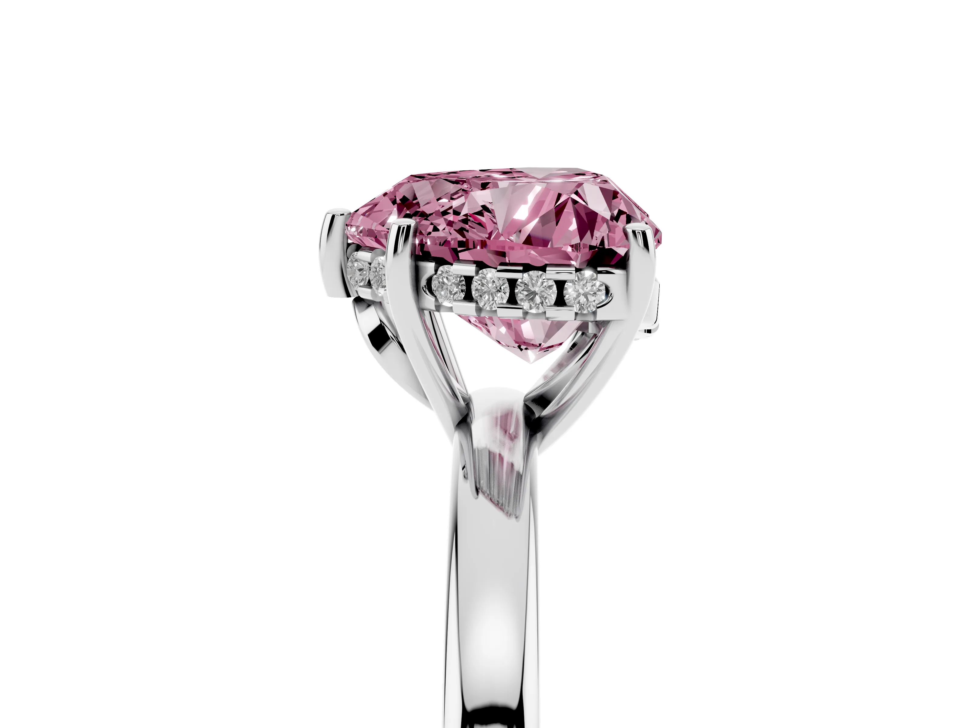 Fancy Pink Heart Cut Diamond Solitaire Ring Set in Silver with Plain Band and Prong Setting