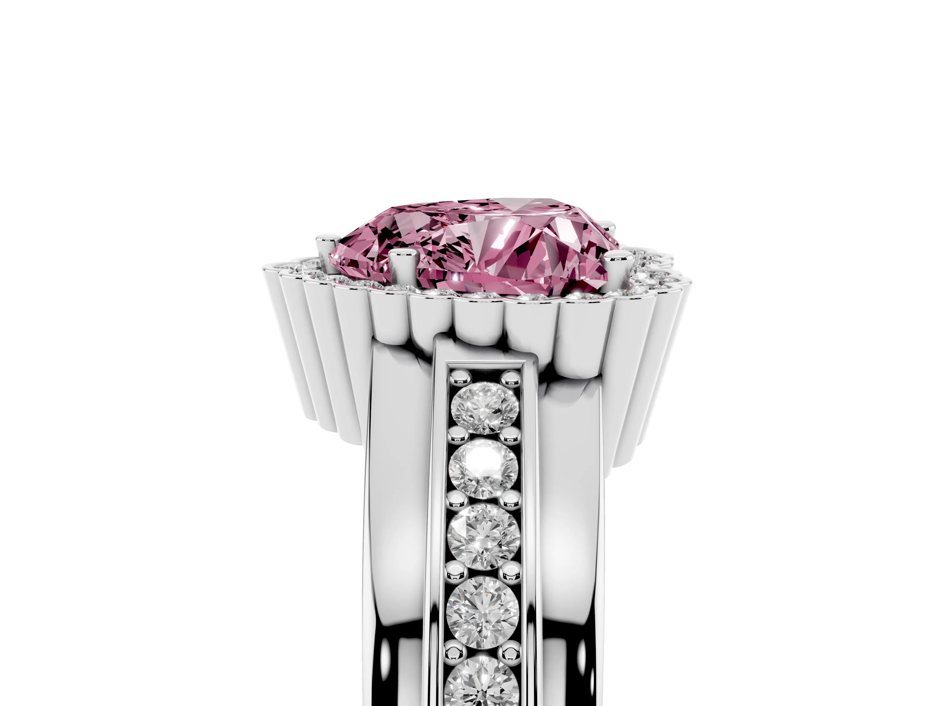 Fancy Pink Heart Cut Diamond Halo Prong Ring Set in White gold with Pavé Band
