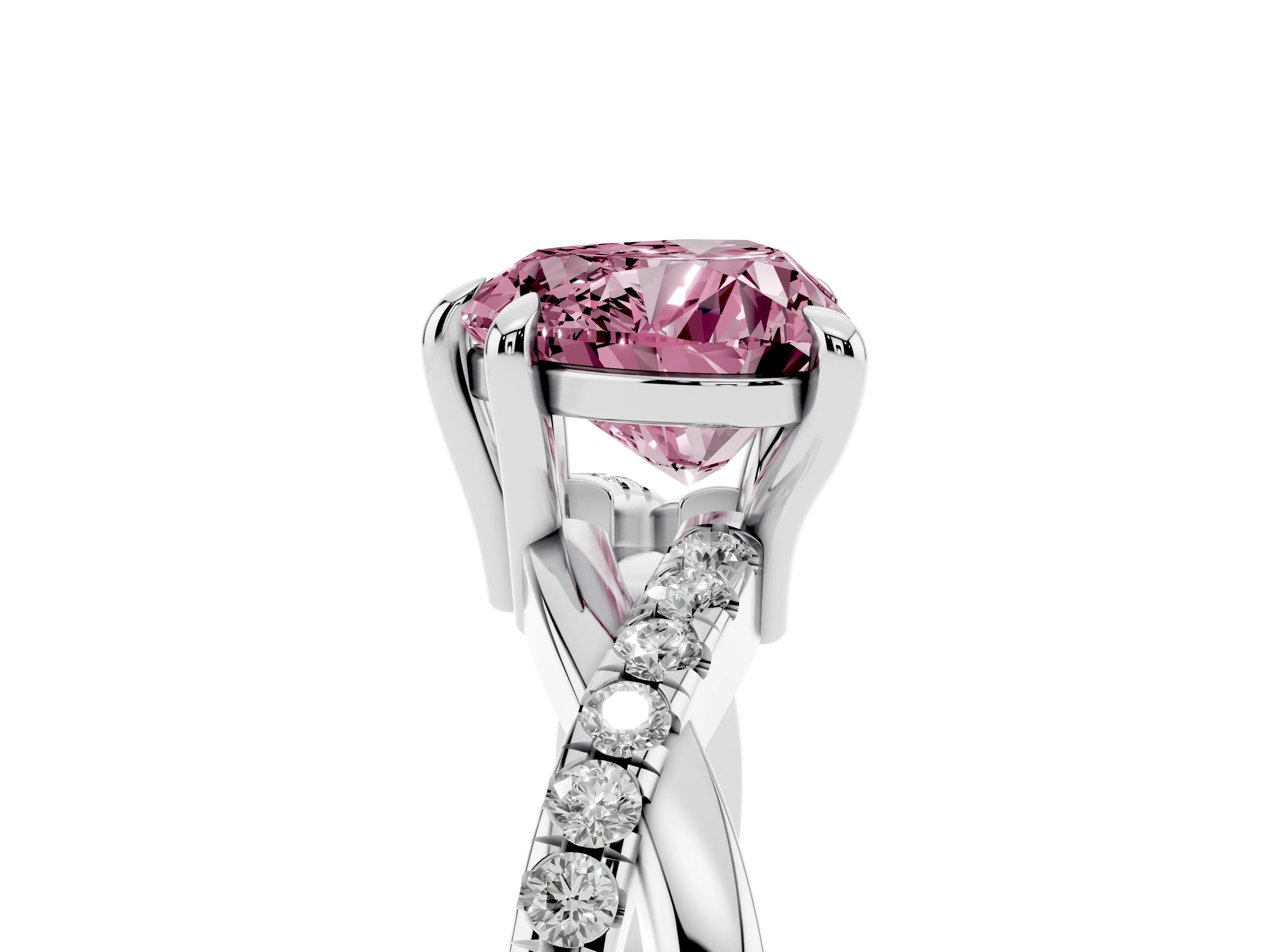 Fancy Pink Heart Cut Diamond Twist Band Solitaire Set in White gold with Pavé Accents and Prong Setting