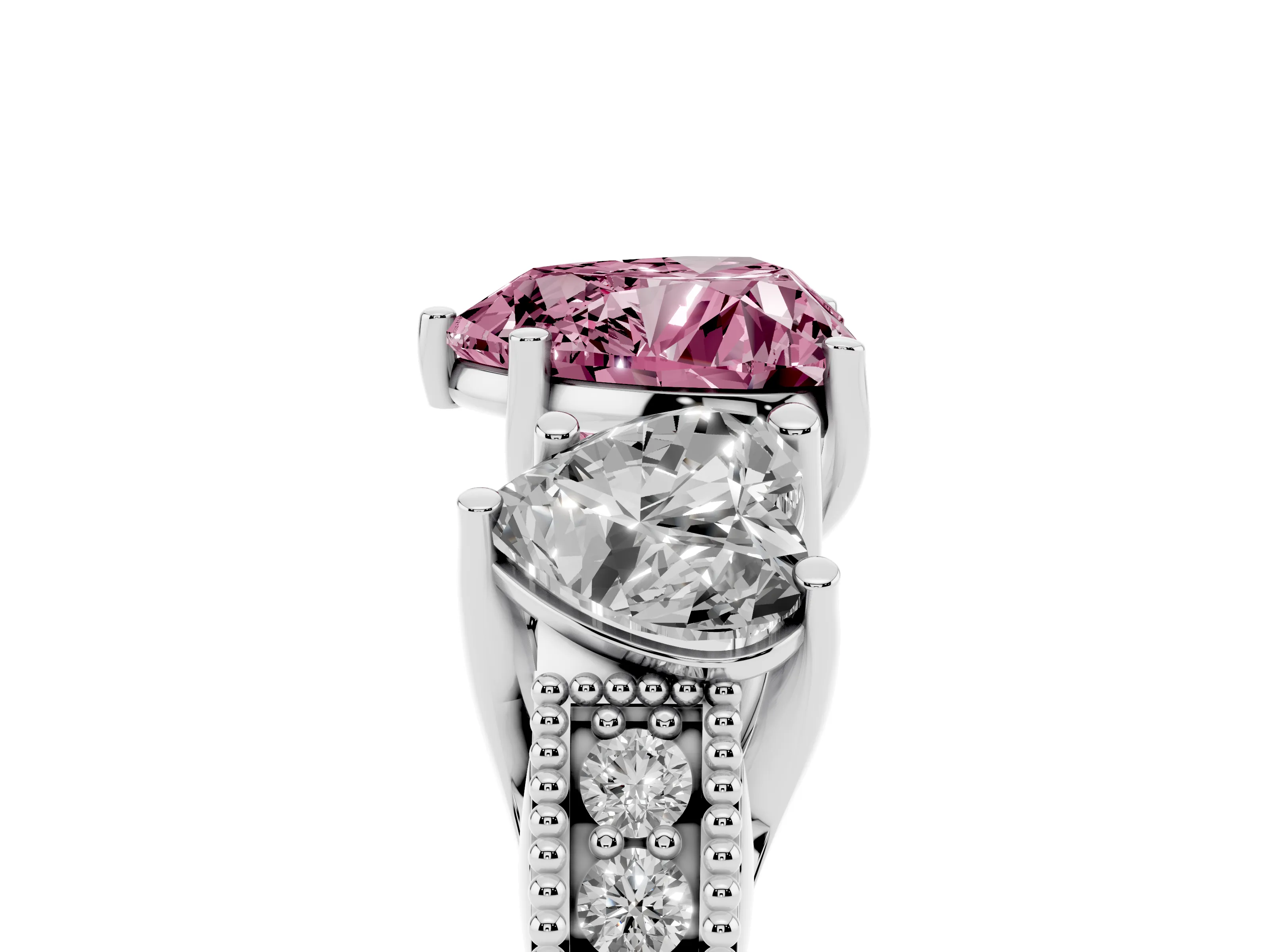 Fancy Pink Heart Cut Diamond Three-Stone Engagement Ring Set in Silver with Milgrain Pavé Band