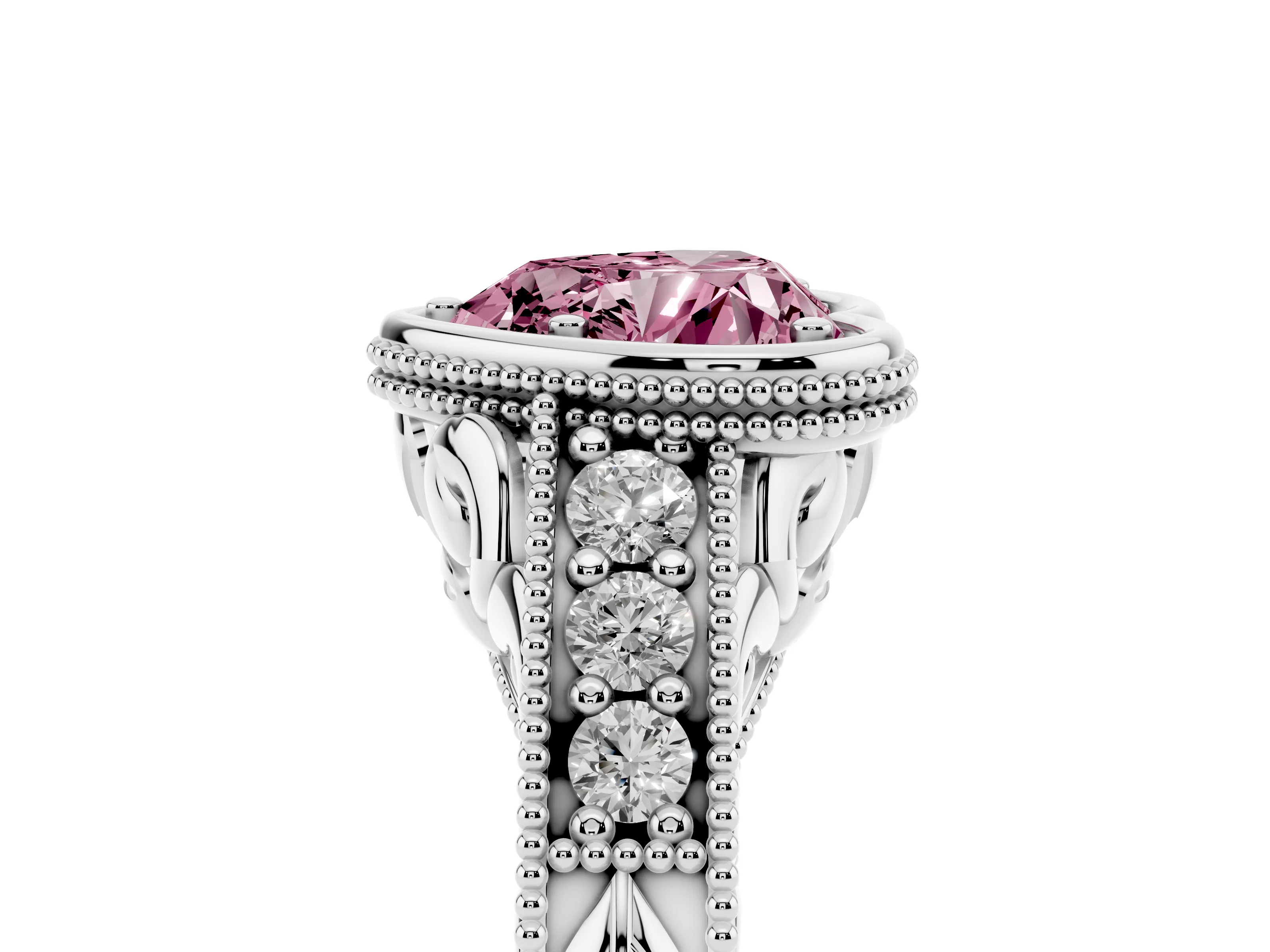Fancy Pink Bezel Set Heart Cut Diamond Milgrain Pavé Engagement Ring Set in Silver